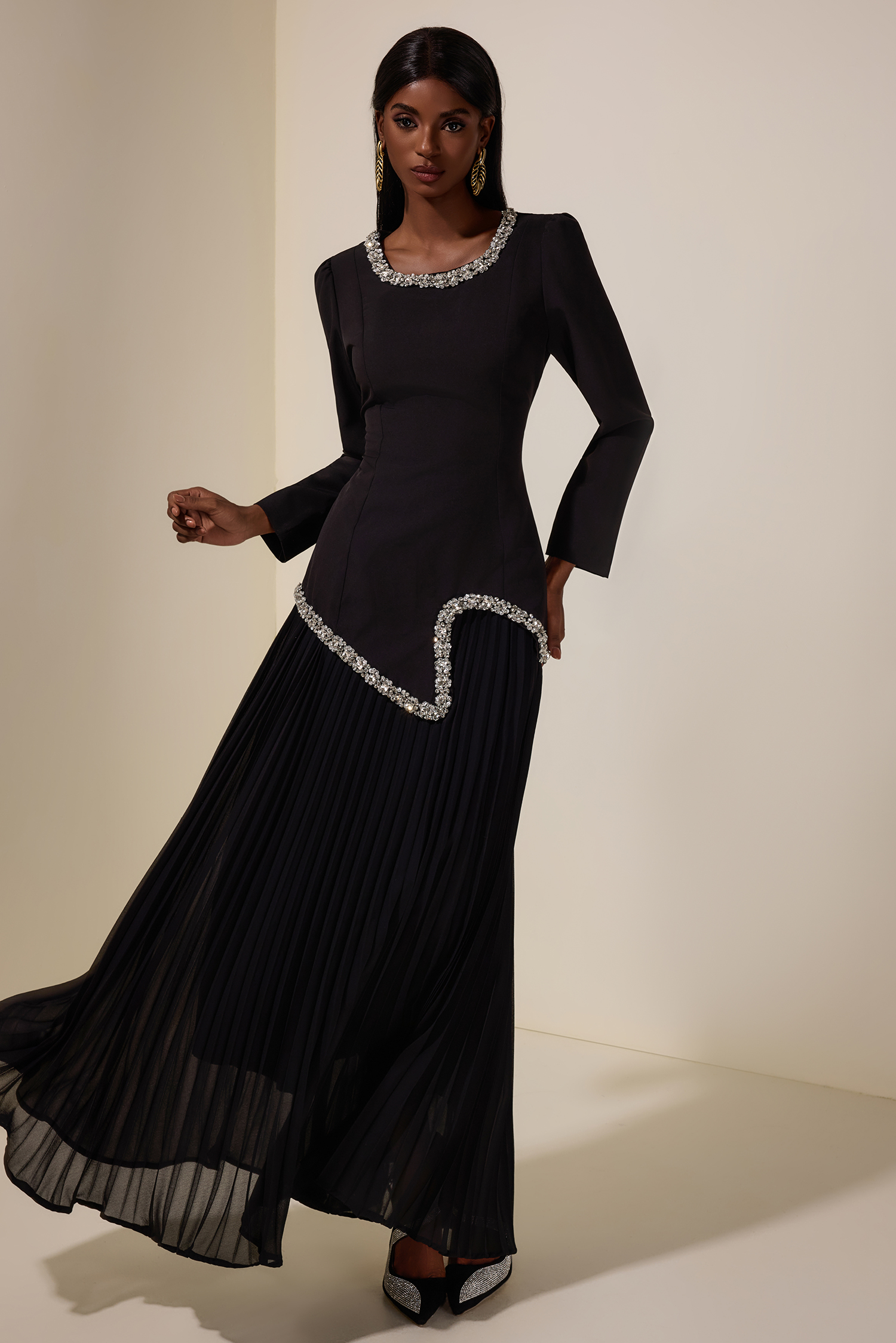 Rhinestone Long Sleeve Top & High Waist Pleated Midi Skirt Set