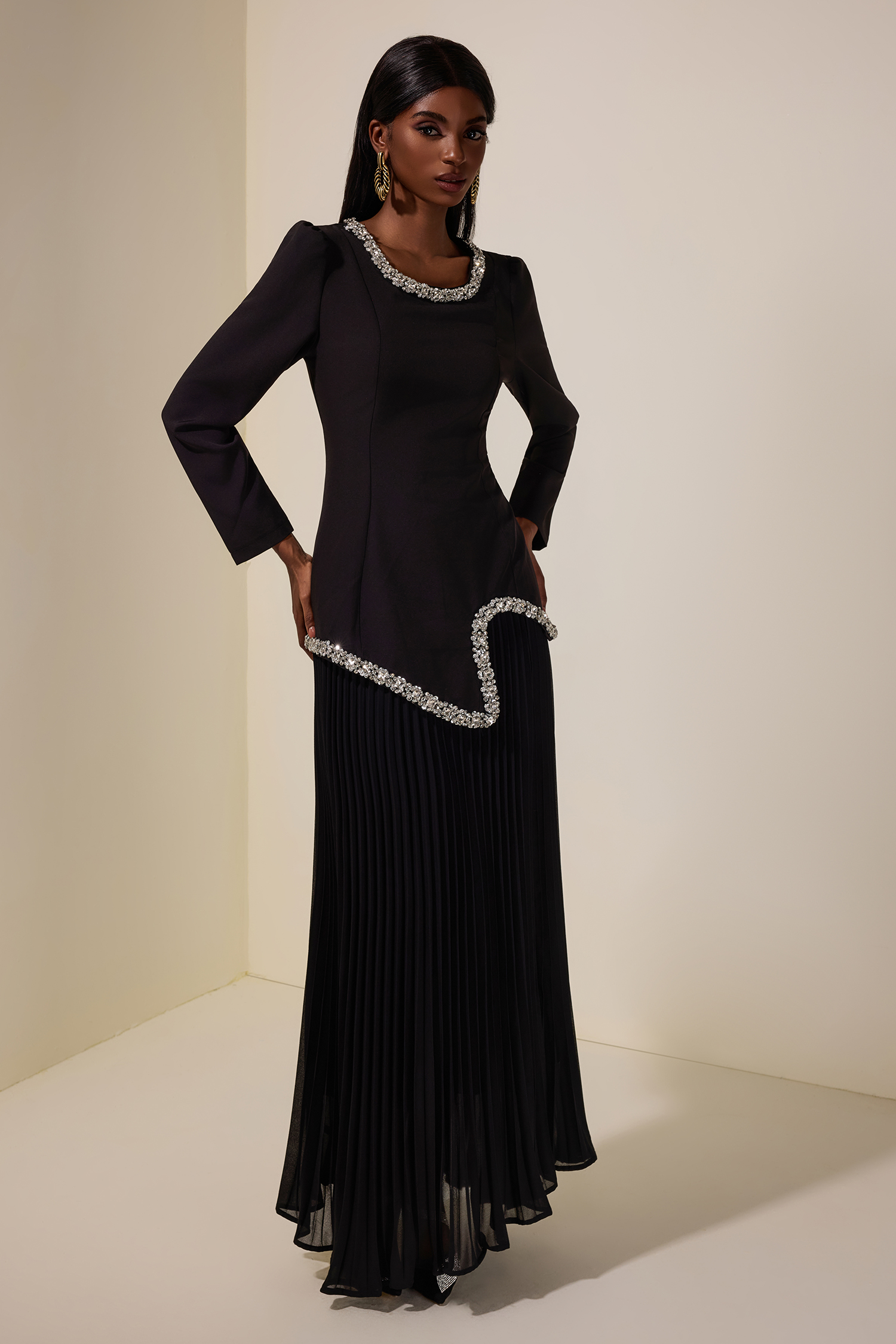 Rhinestone Long Sleeve Top & High Waist Pleated Midi Skirt Set