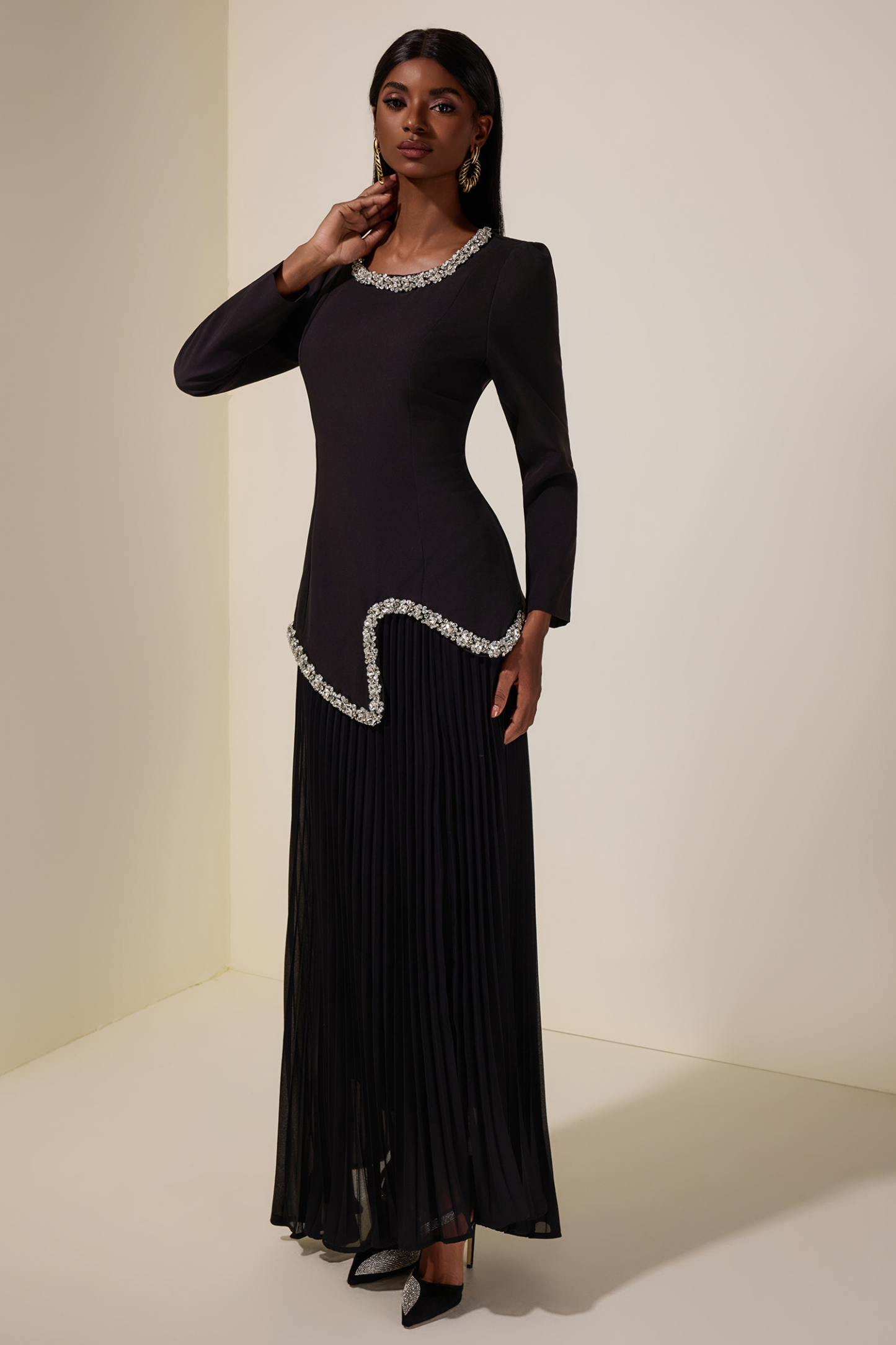 Rhinestone Long Sleeve Top & High Waist Pleated Midi Skirt Set