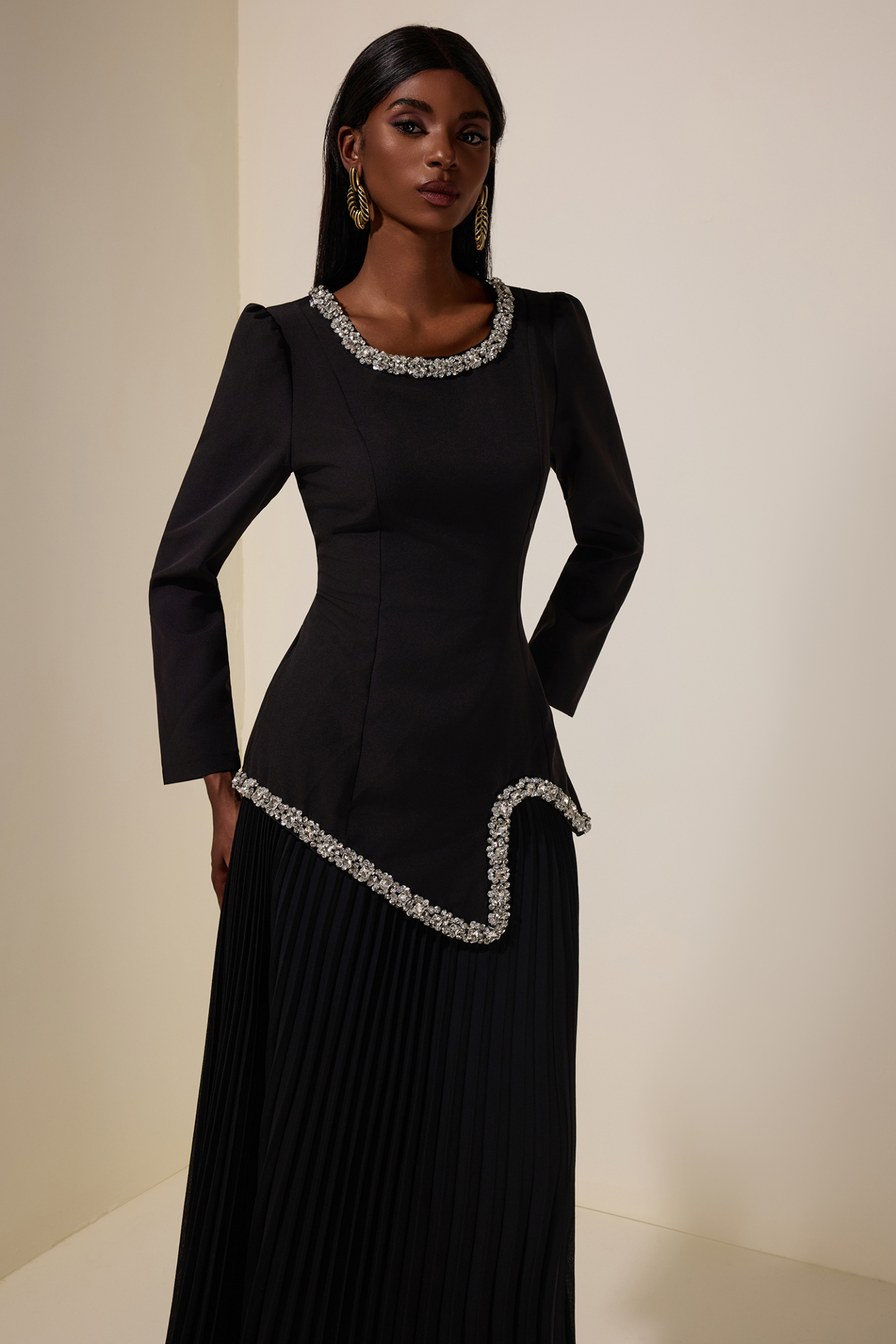 Rhinestone Long Sleeve Top & High Waist Pleated Midi Skirt Set