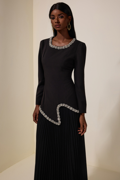 Rhinestone Long Sleeve Top & High Waist Pleated Midi Skirt Set