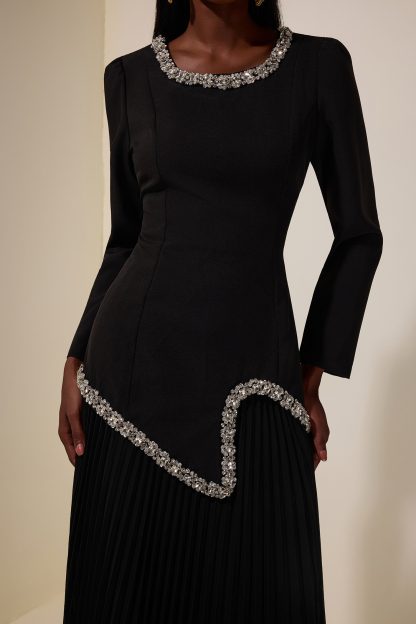 Rhinestone Long Sleeve Top & High Waist Pleated Midi Skirt Set
