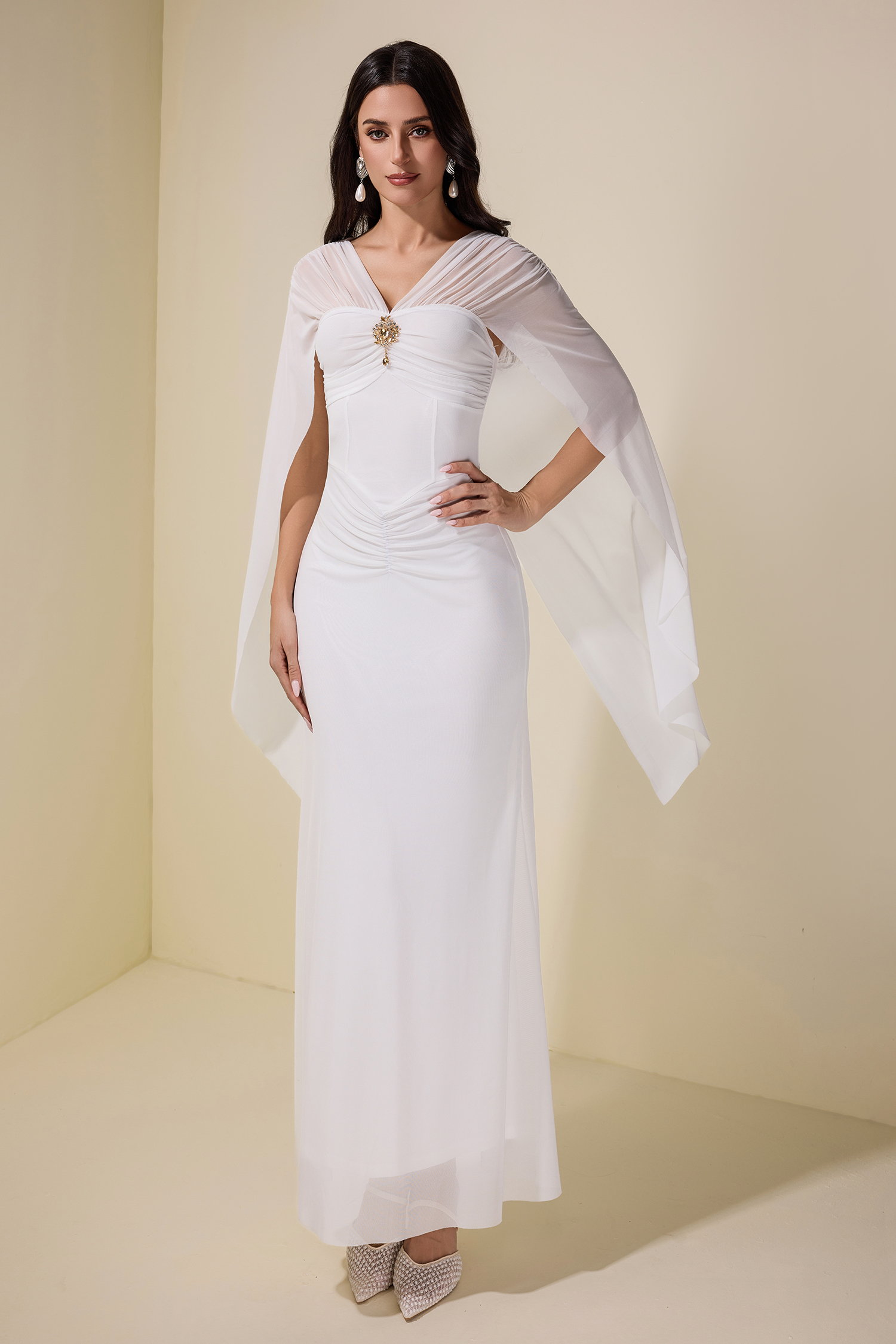 Mesh Cape Sleeve Metal Decorations Maxi Dress