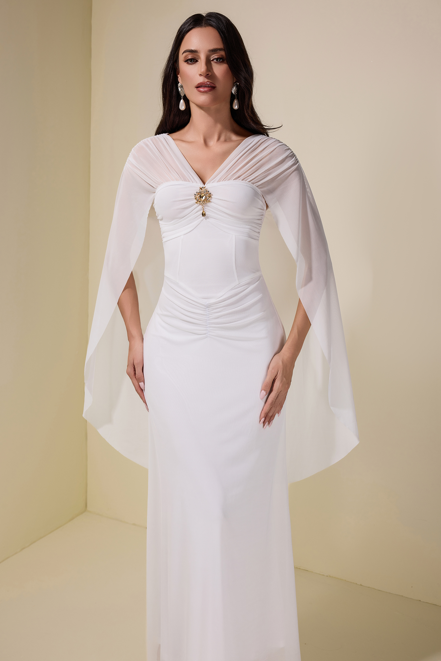 Mesh Cape Sleeve Metal Decorations Maxi Dress