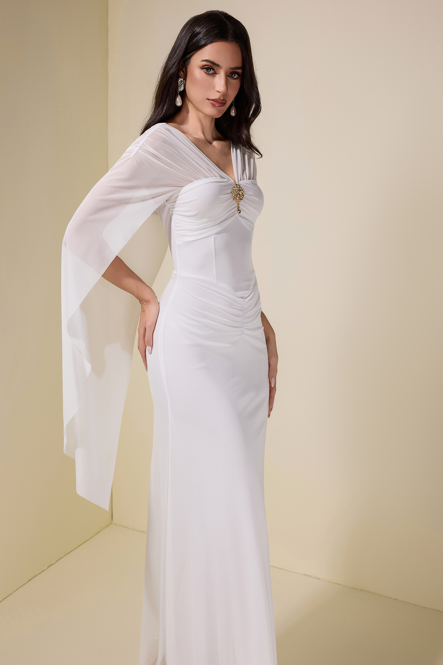 Mesh Cape Sleeve Metal Decorations Maxi Dress