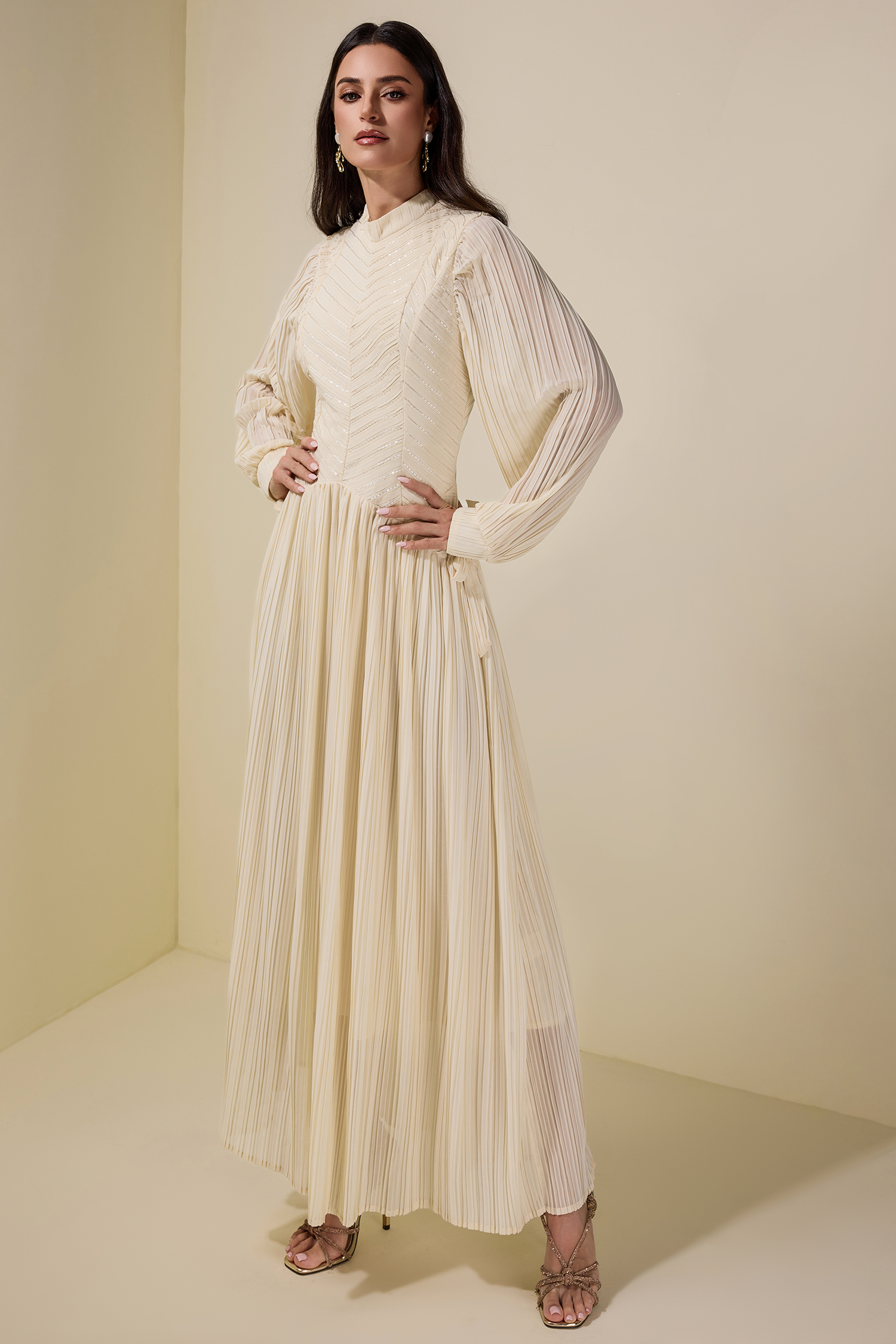 Chiffon Pleated Beaded Maxi Dress