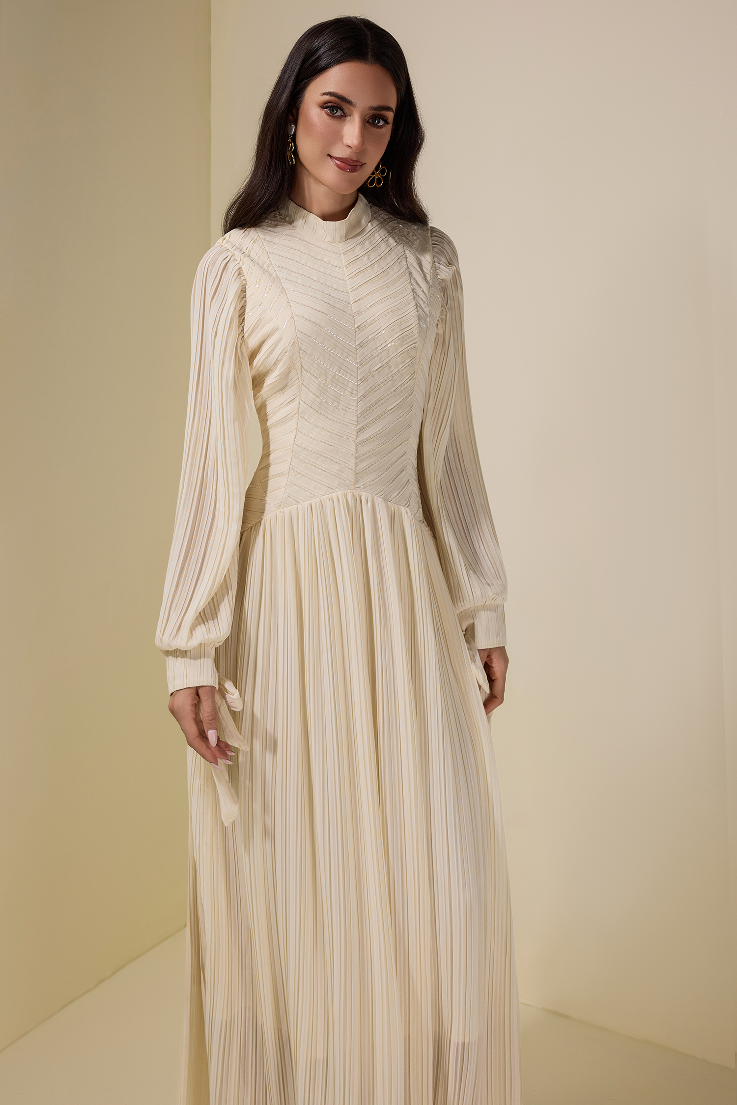 Chiffon Pleated Beaded Maxi Dress