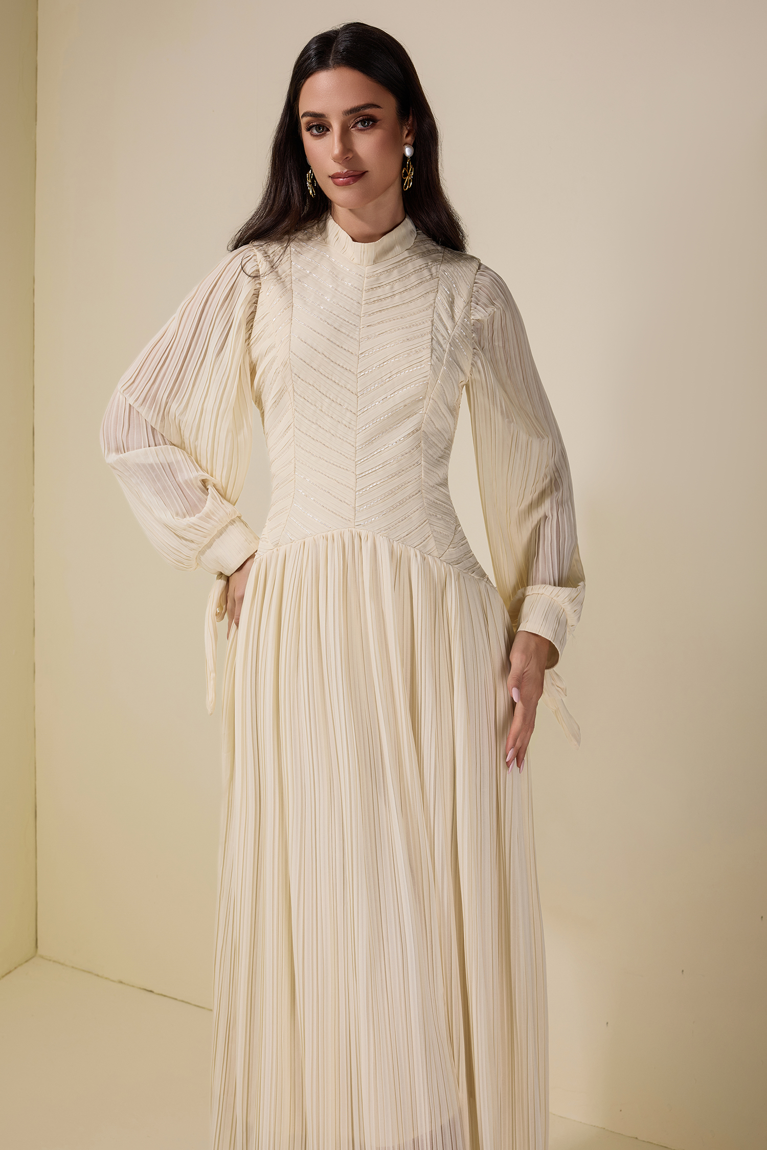 Chiffon Pleated Beaded Maxi Dress