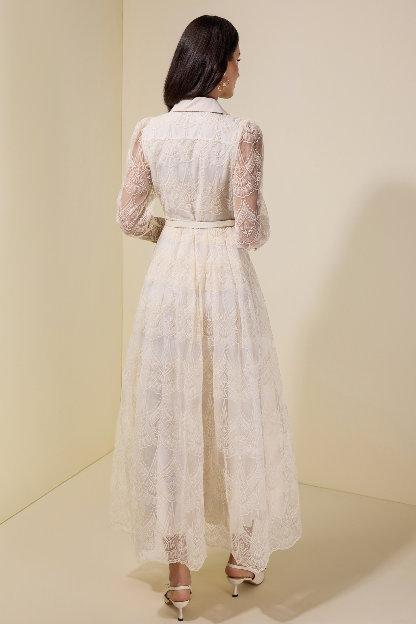 Lace Single Breasted 3D Flower Midi Dress With Belt