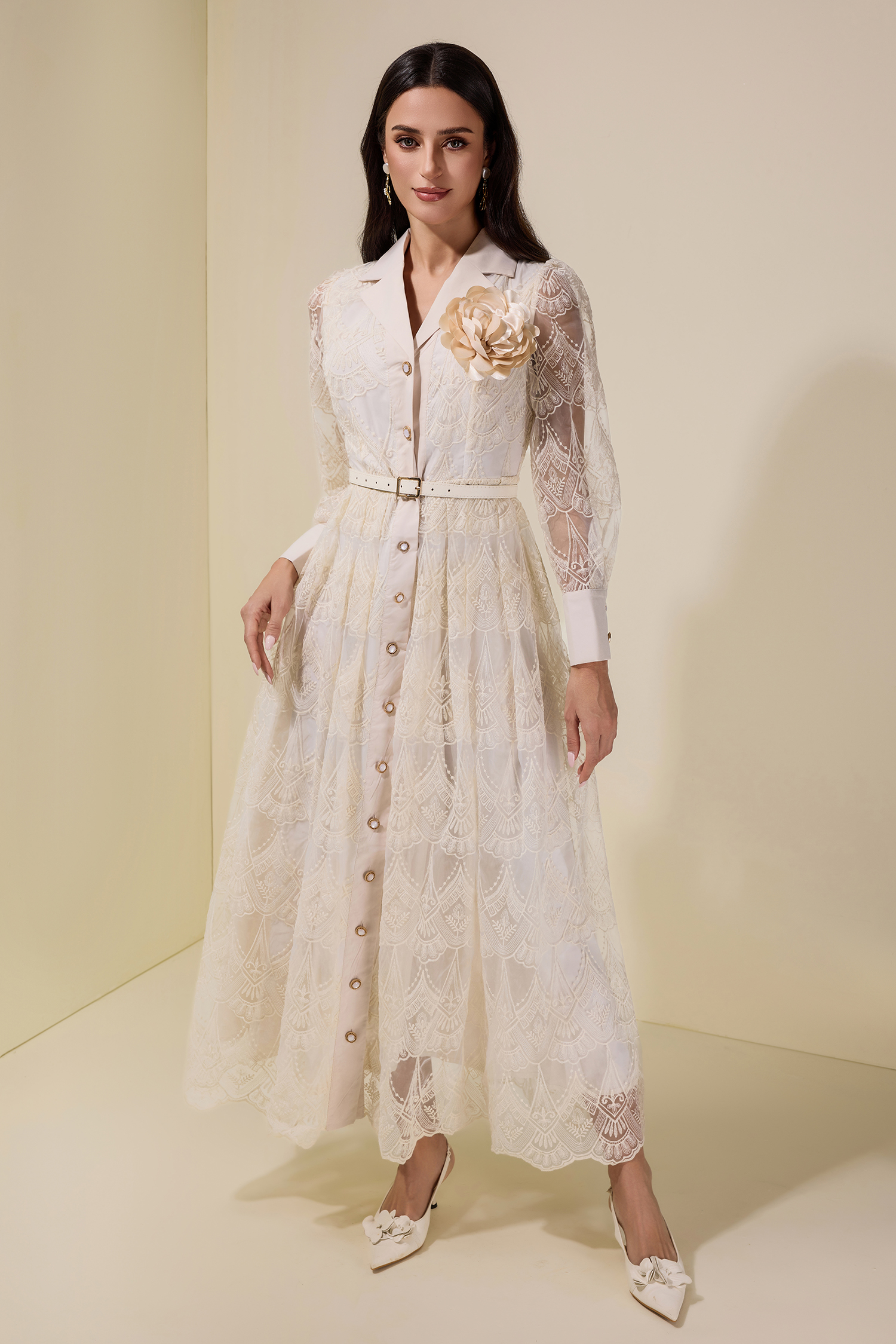 Lace Single Breasted 3D Flower Midi Dress With Belt