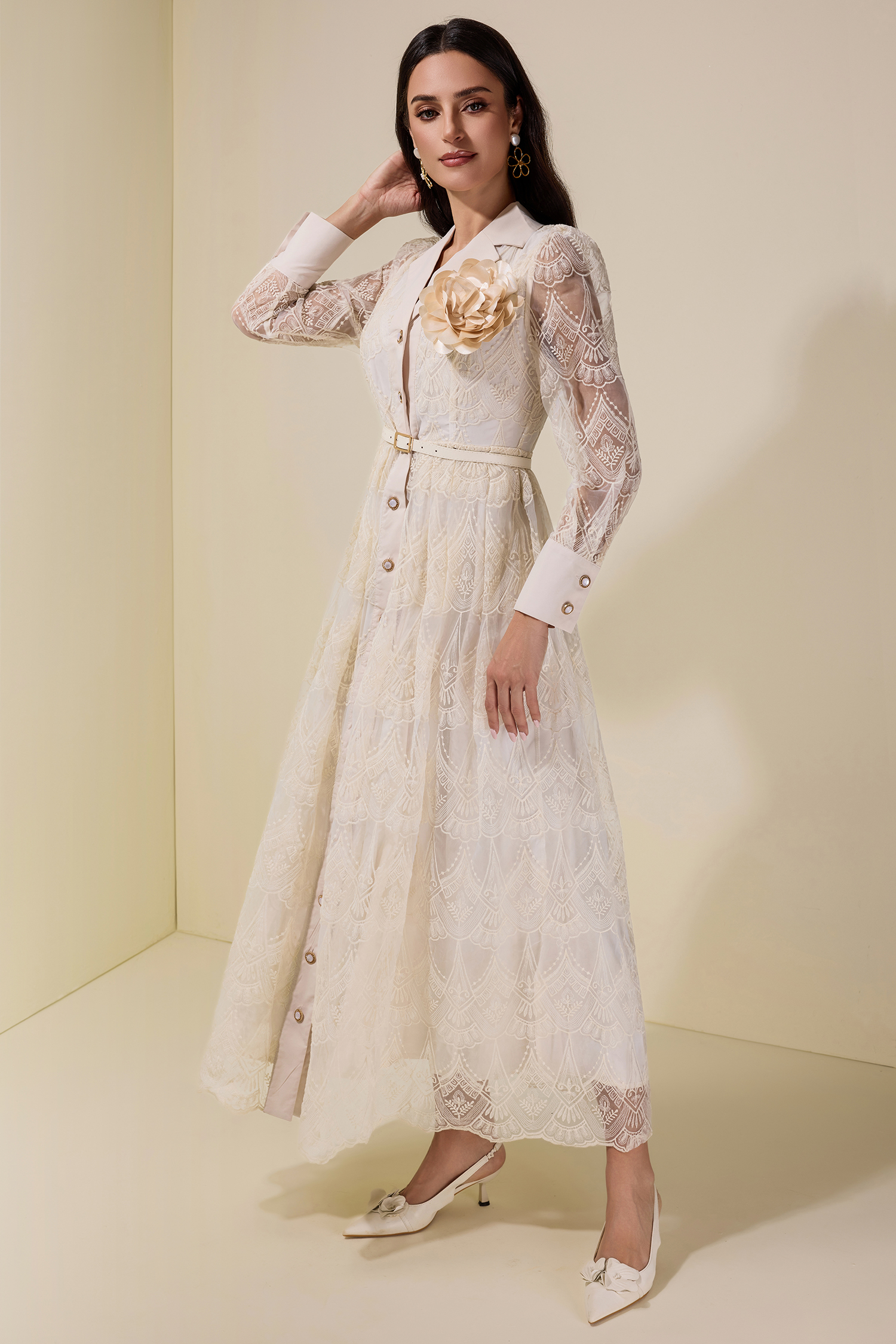 Lace Single Breasted 3D Flower Midi Dress With Belt