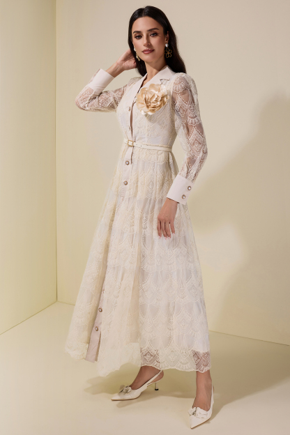 Lace Single Breasted 3D Flower Midi Dress With Belt