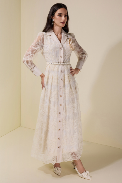 Lace Single Breasted 3D Flower Midi Dress With Belt