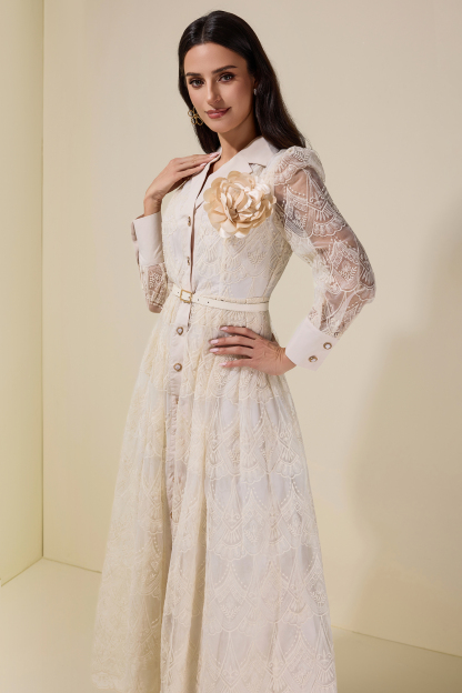 Lace Single Breasted 3D Flower Midi Dress With Belt