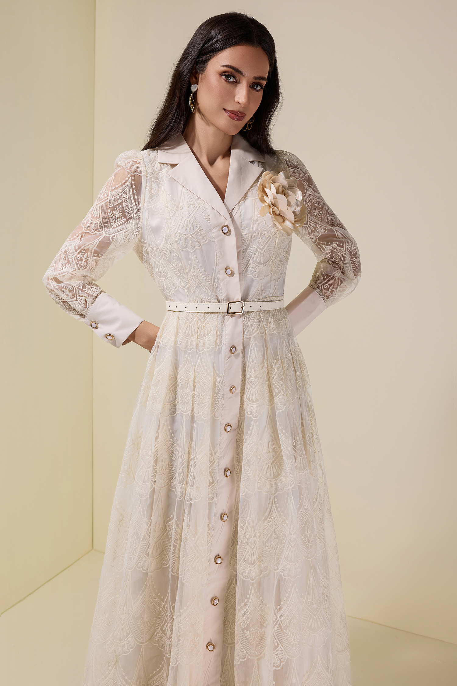 Lace Single Breasted 3D Flower Midi Dress With Belt