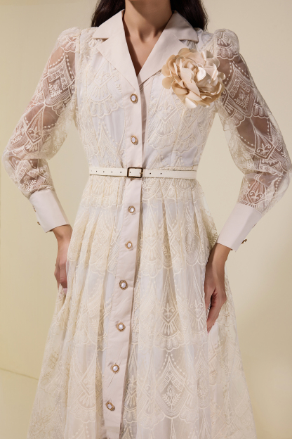 Lace Single Breasted 3D Flower Midi Dress With Belt