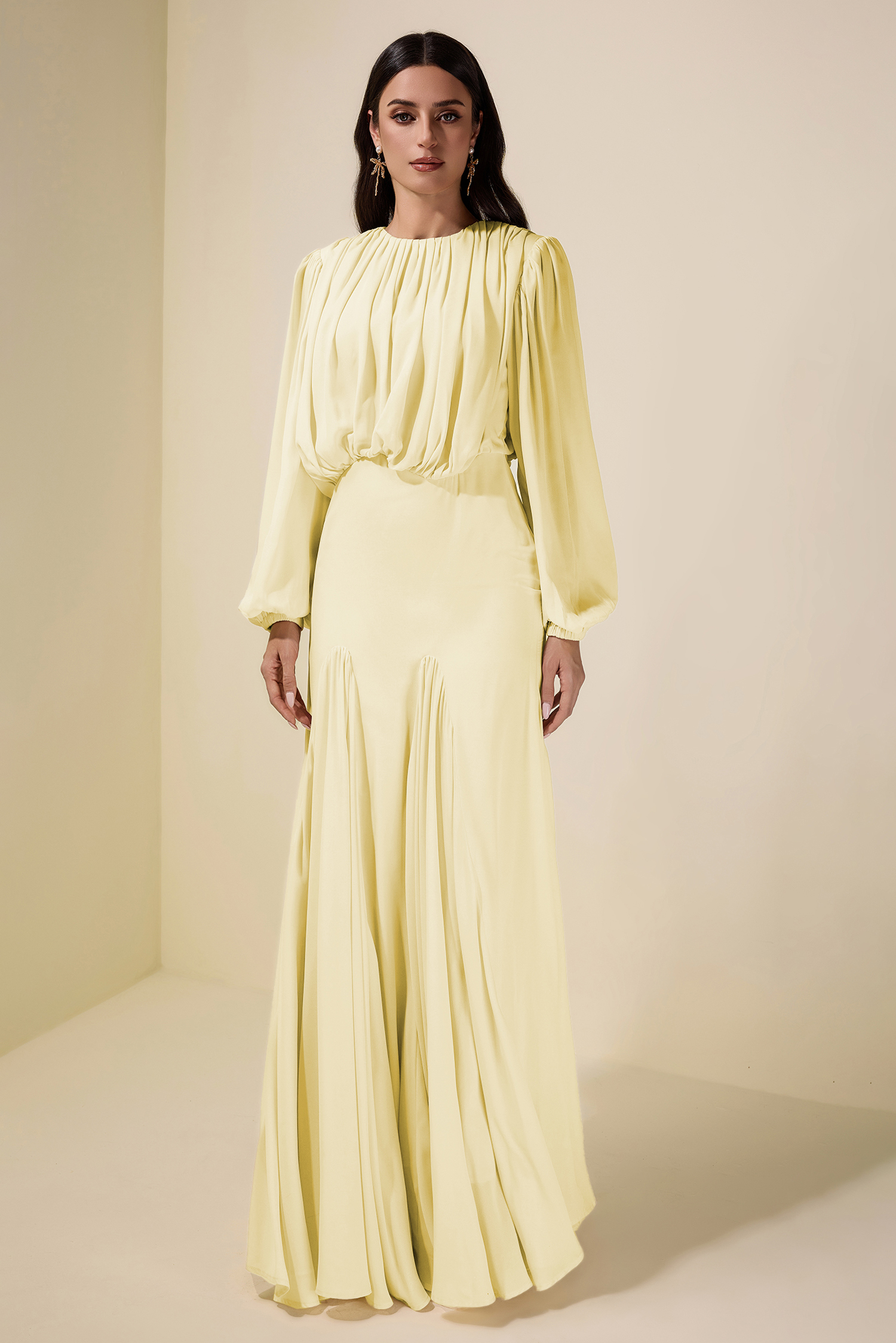 Gathering Round Neck Lantern Sleeve Maxi Dress