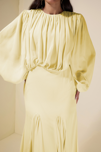 Gathering Round Neck Lantern Sleeve Maxi Dress