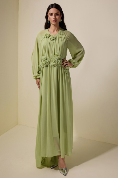 3D Flower Chiffon Raglan Sleeve Maxi Dress