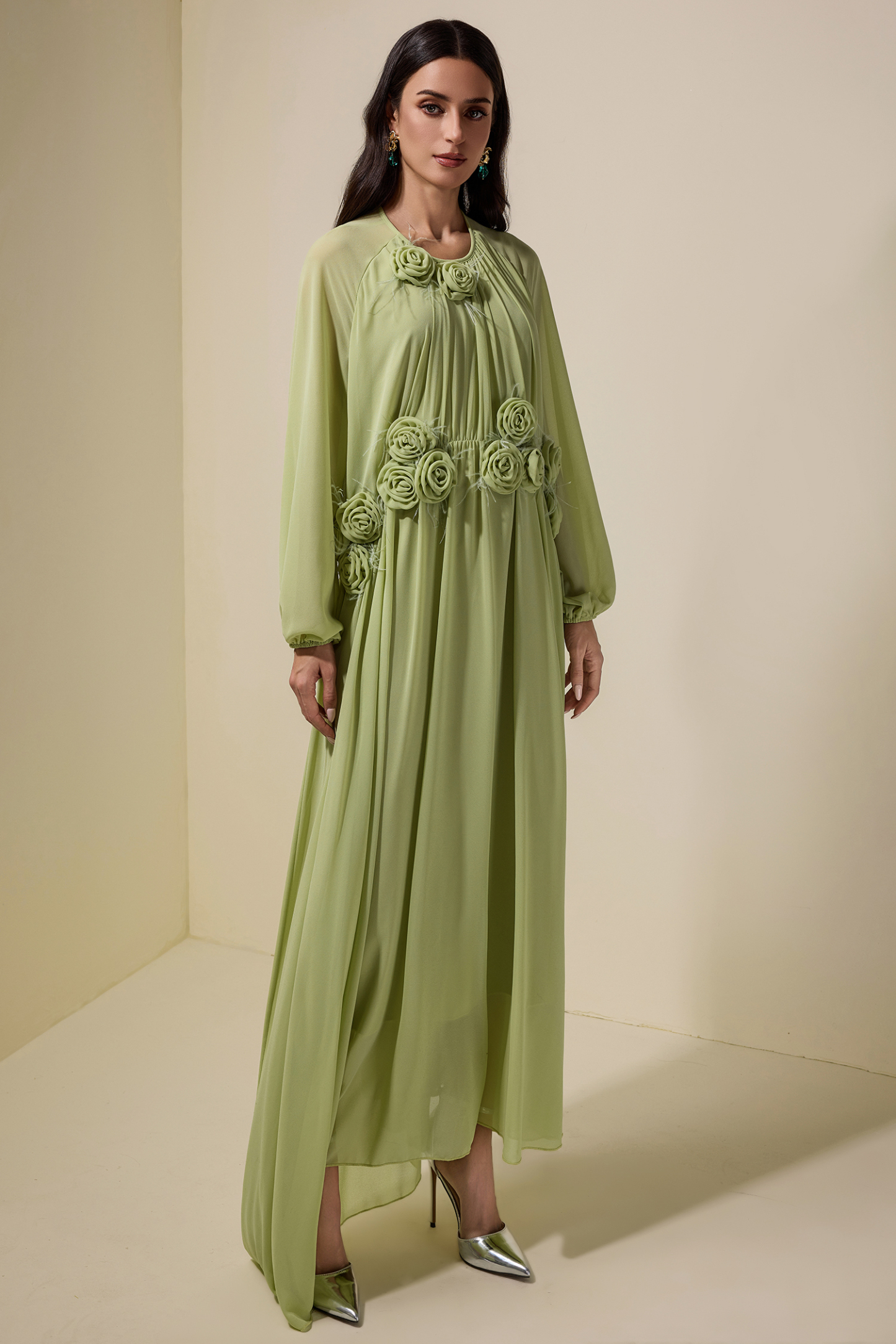 3D Flower Chiffon Raglan Sleeve Maxi Dress