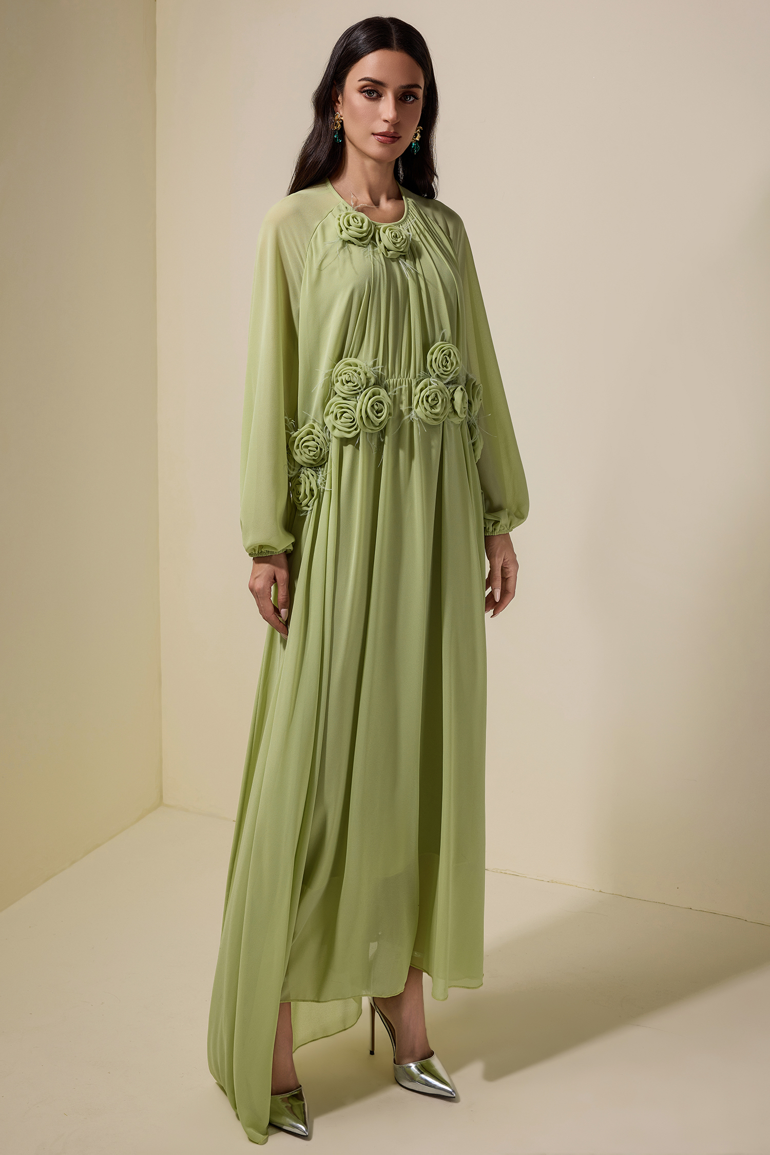 3D Flower Chiffon Raglan Sleeve Maxi Dress