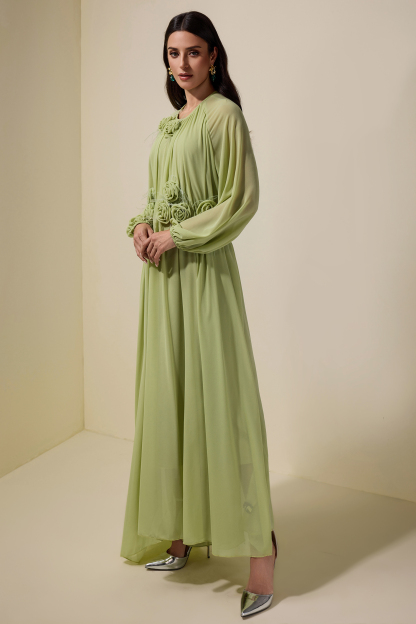 3D Flower Chiffon Raglan Sleeve Maxi Dress