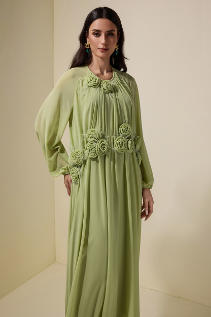 3D Flower Chiffon Raglan Sleeve Maxi Dress