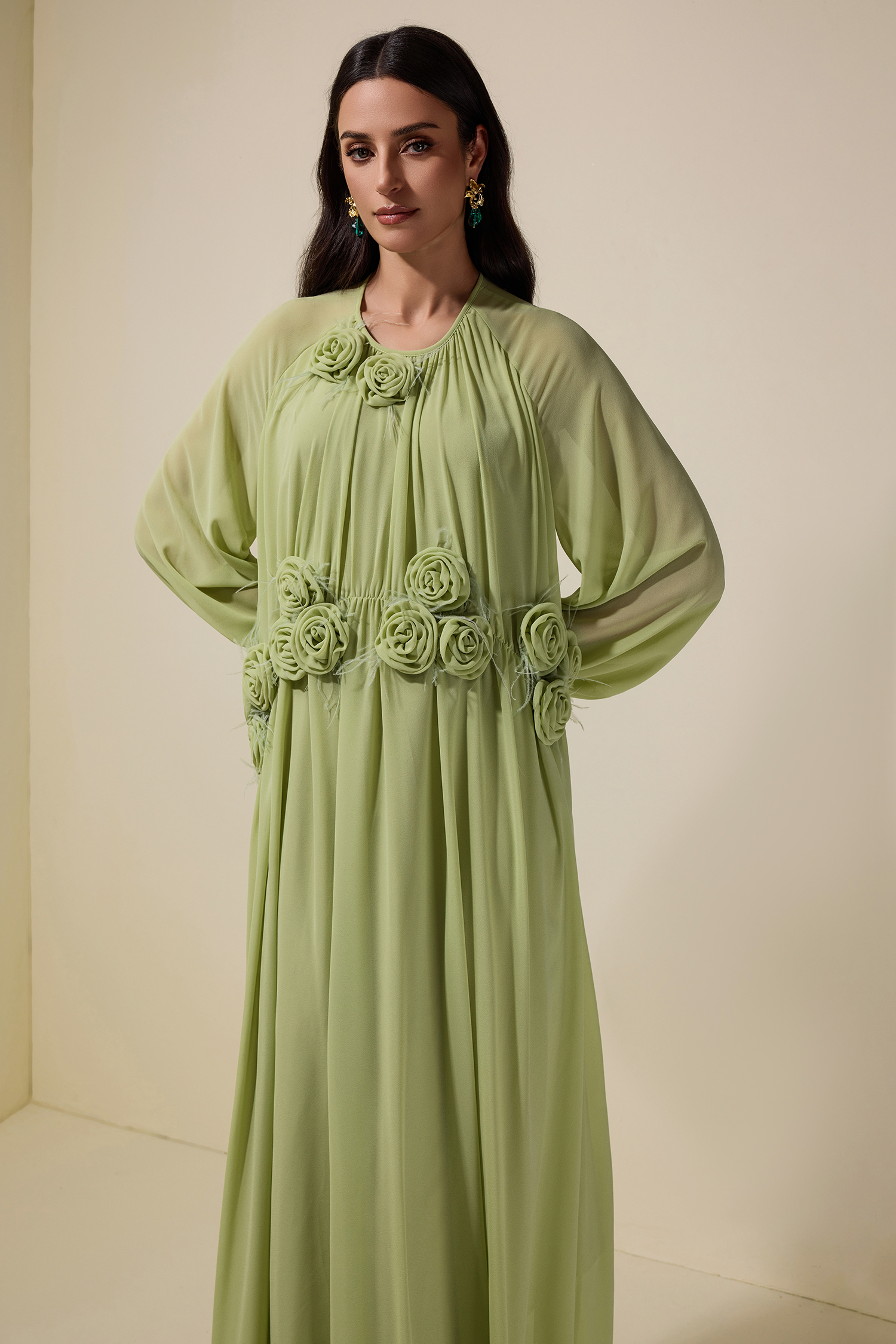 3D Flower Chiffon Raglan Sleeve Maxi Dress