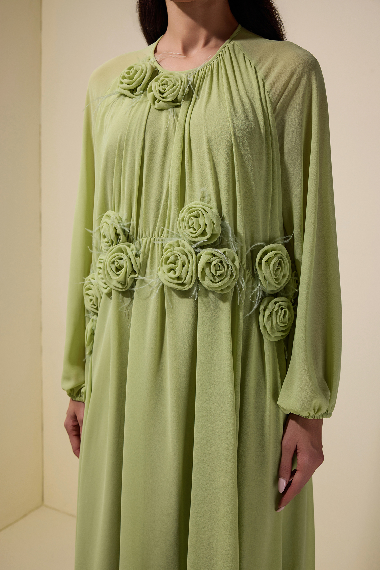 3D Flower Chiffon Raglan Sleeve Maxi Dress