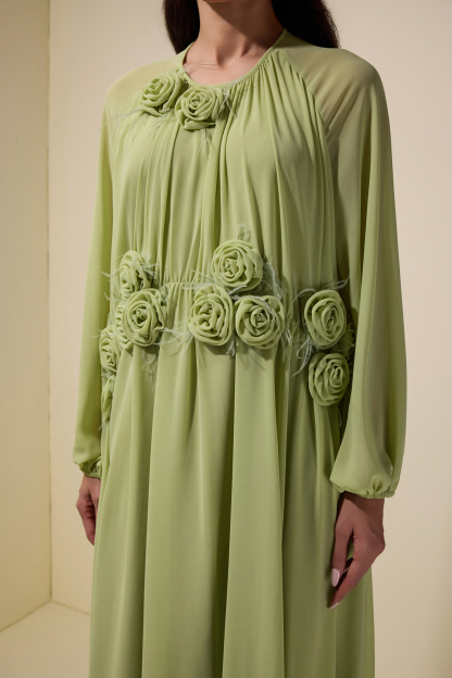 3D Flower Chiffon Raglan Sleeve Maxi Dress