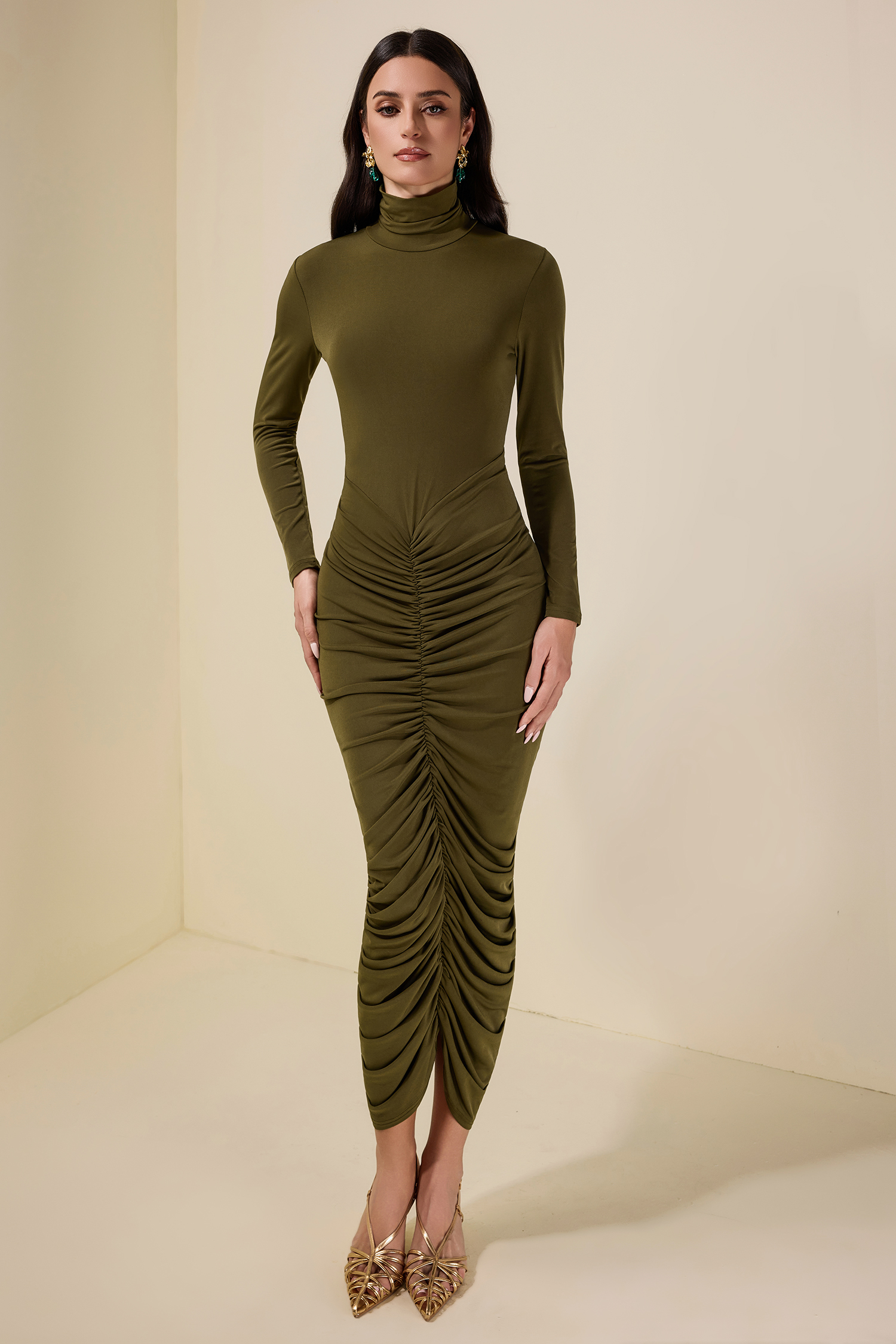 Jersey Gathering Long Sleeve Midi Dress