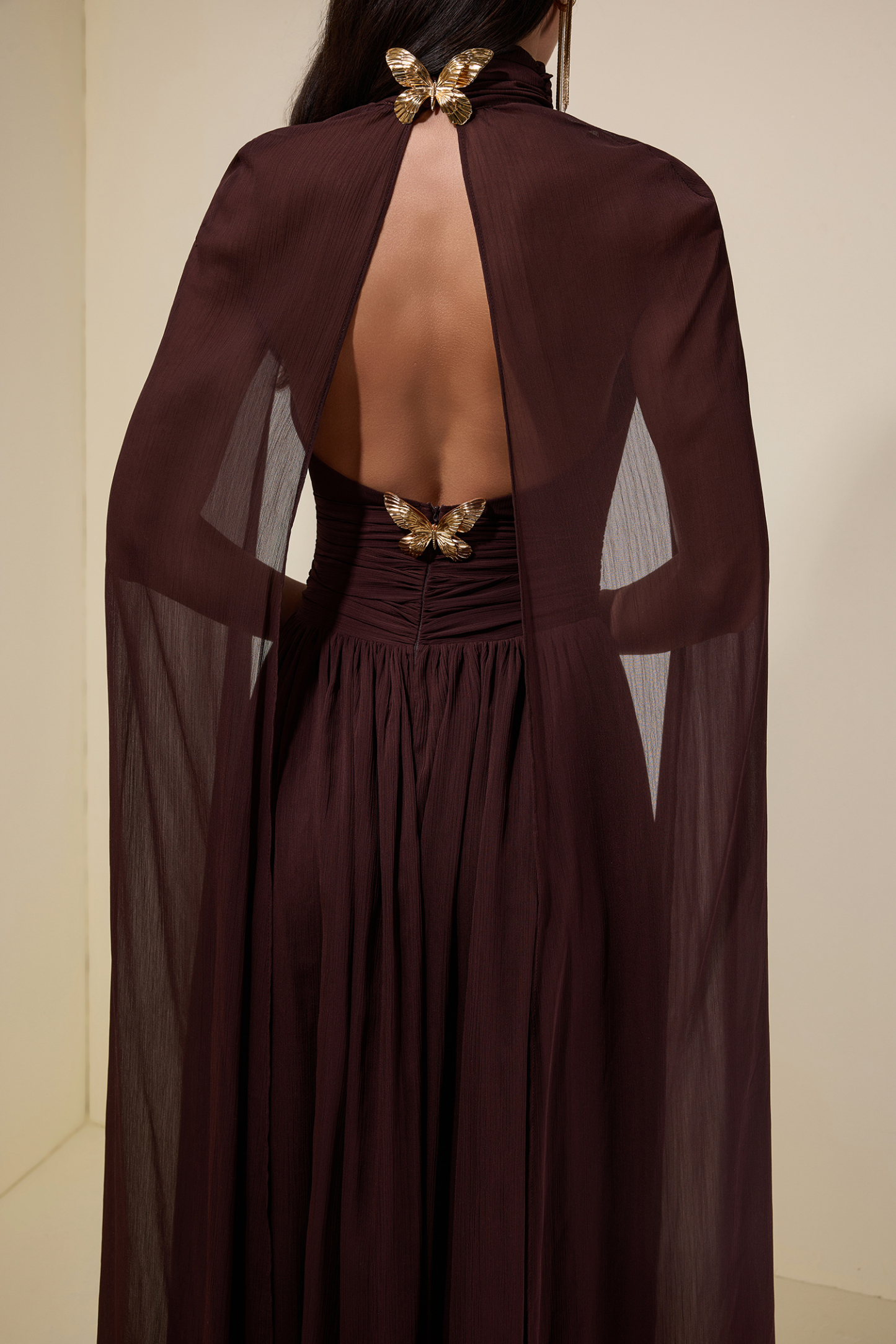 Chiffon High Neck Cape Sleeve Maxi Dress