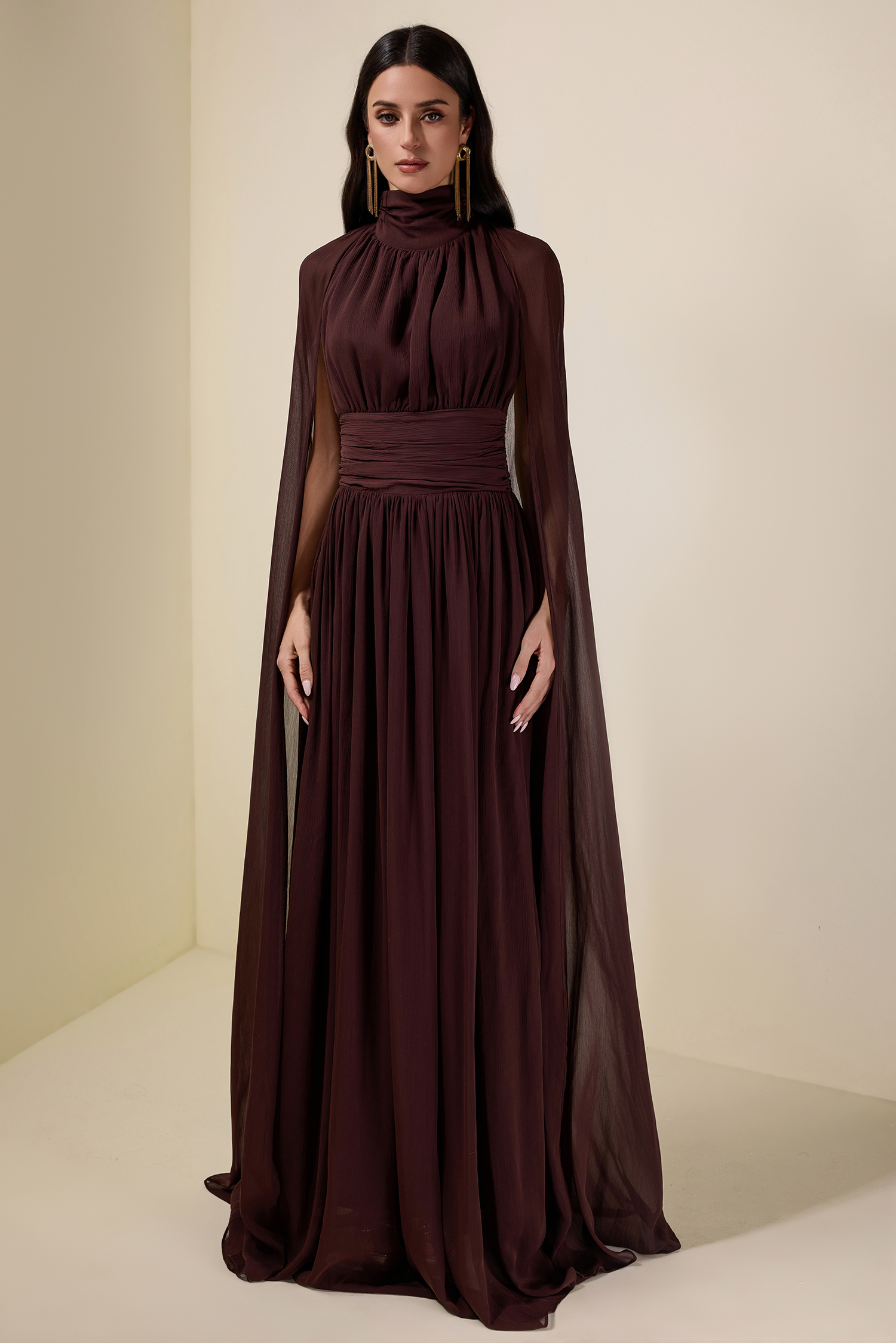 Chiffon High Neck Cape Sleeve Maxi Dress
