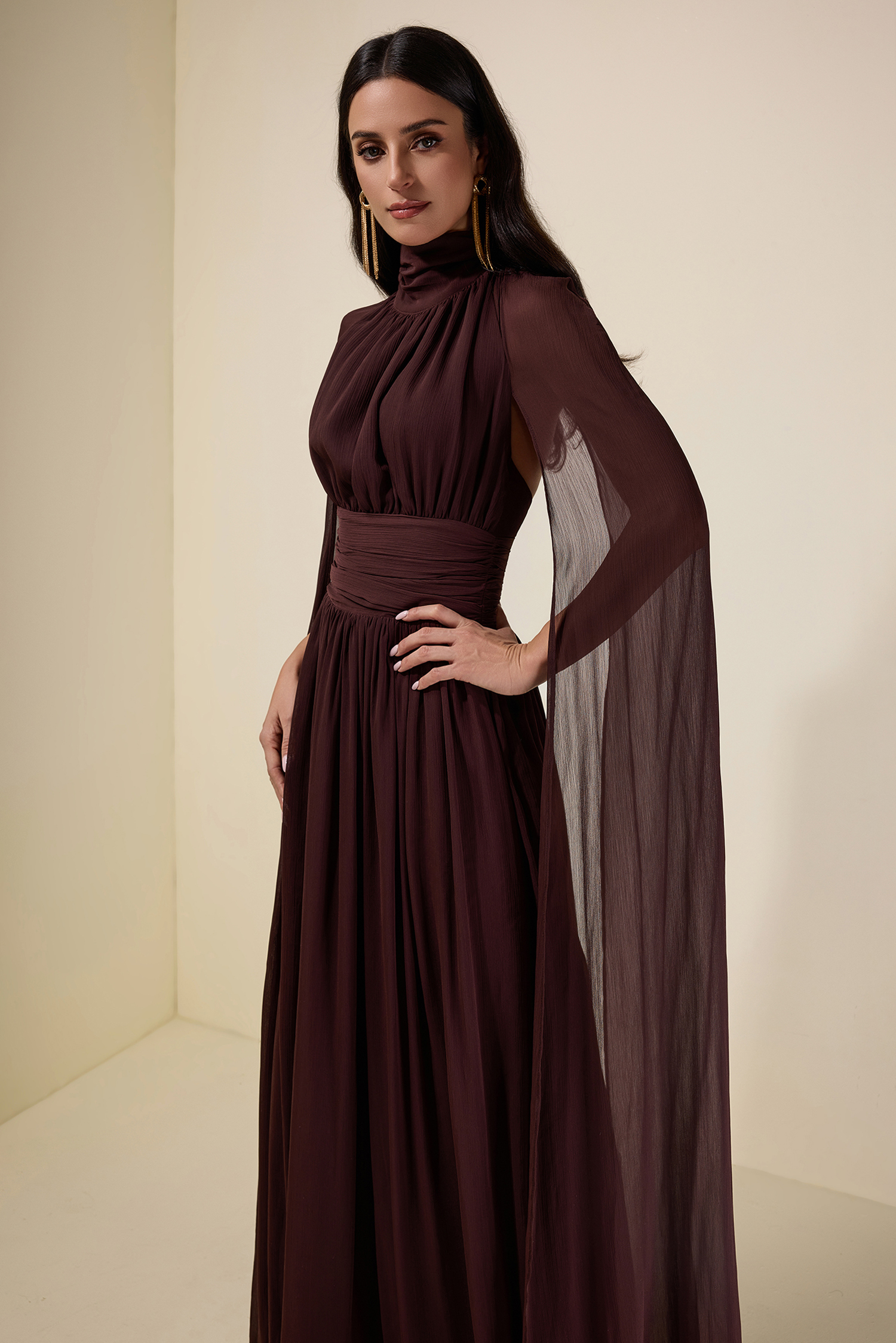 Chiffon High Neck Cape Sleeve Maxi Dress