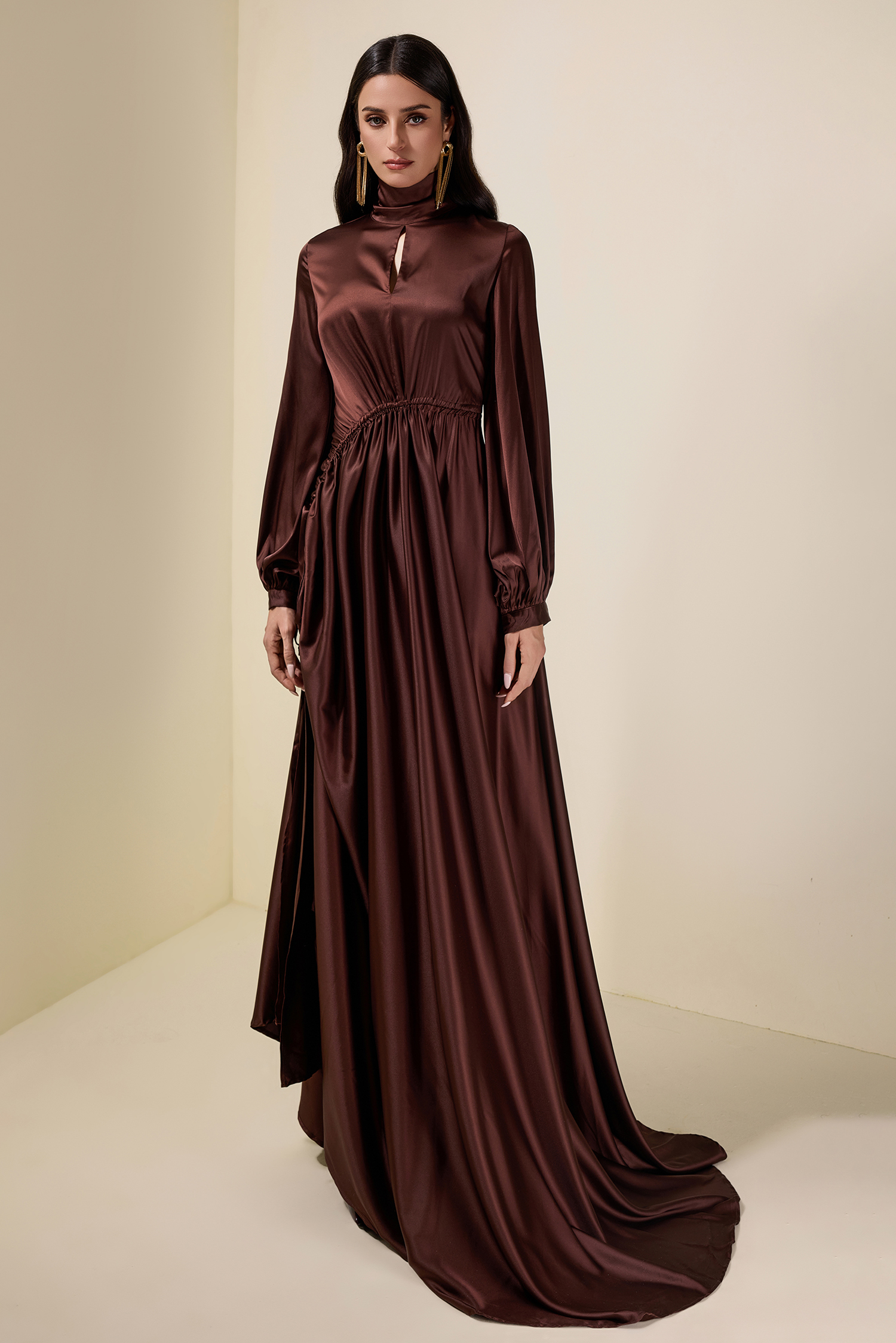 Satin Shirring Lantern Sleeve Maxi Dress