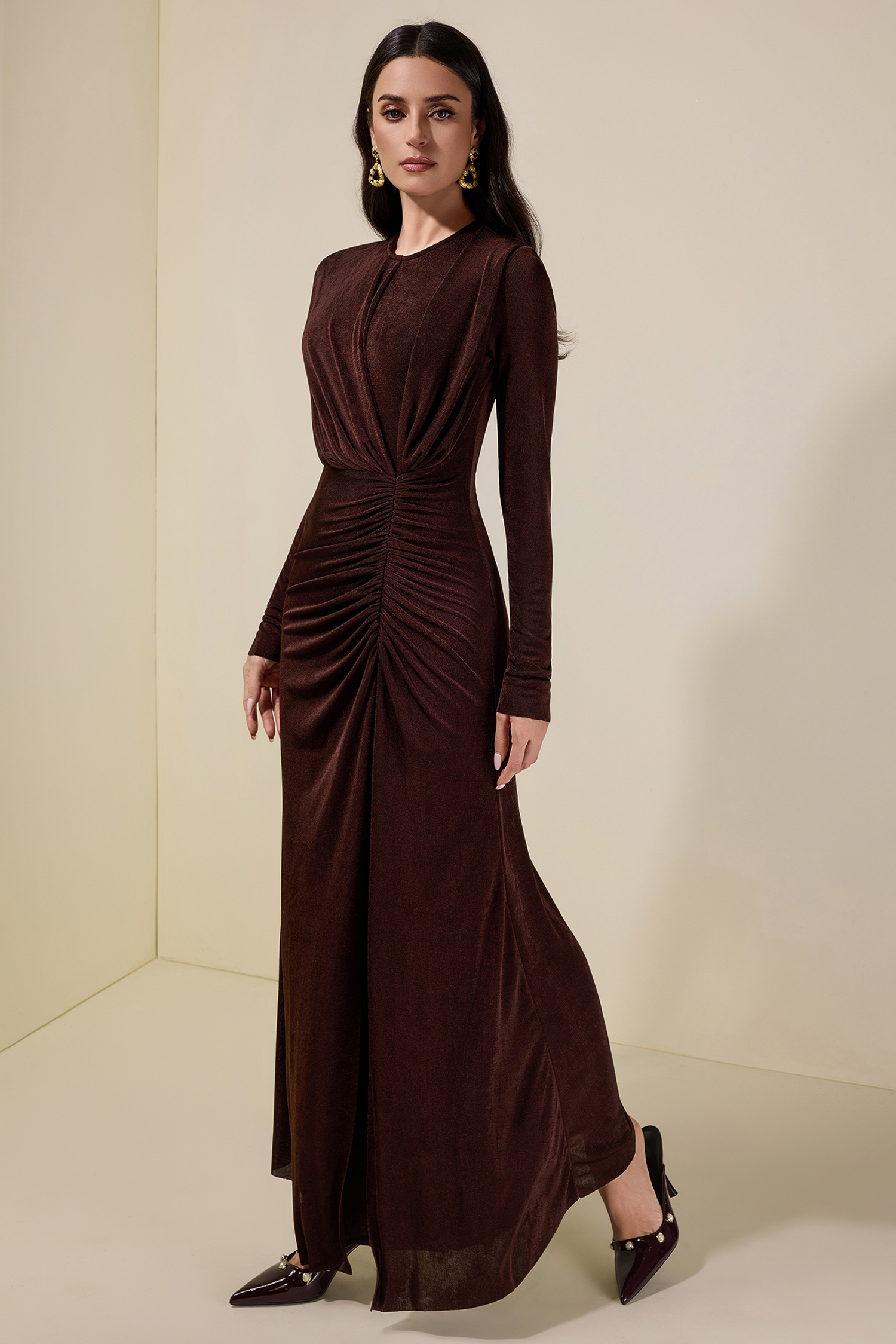 Jersey Gathering Long Sleeve Maxi Dress