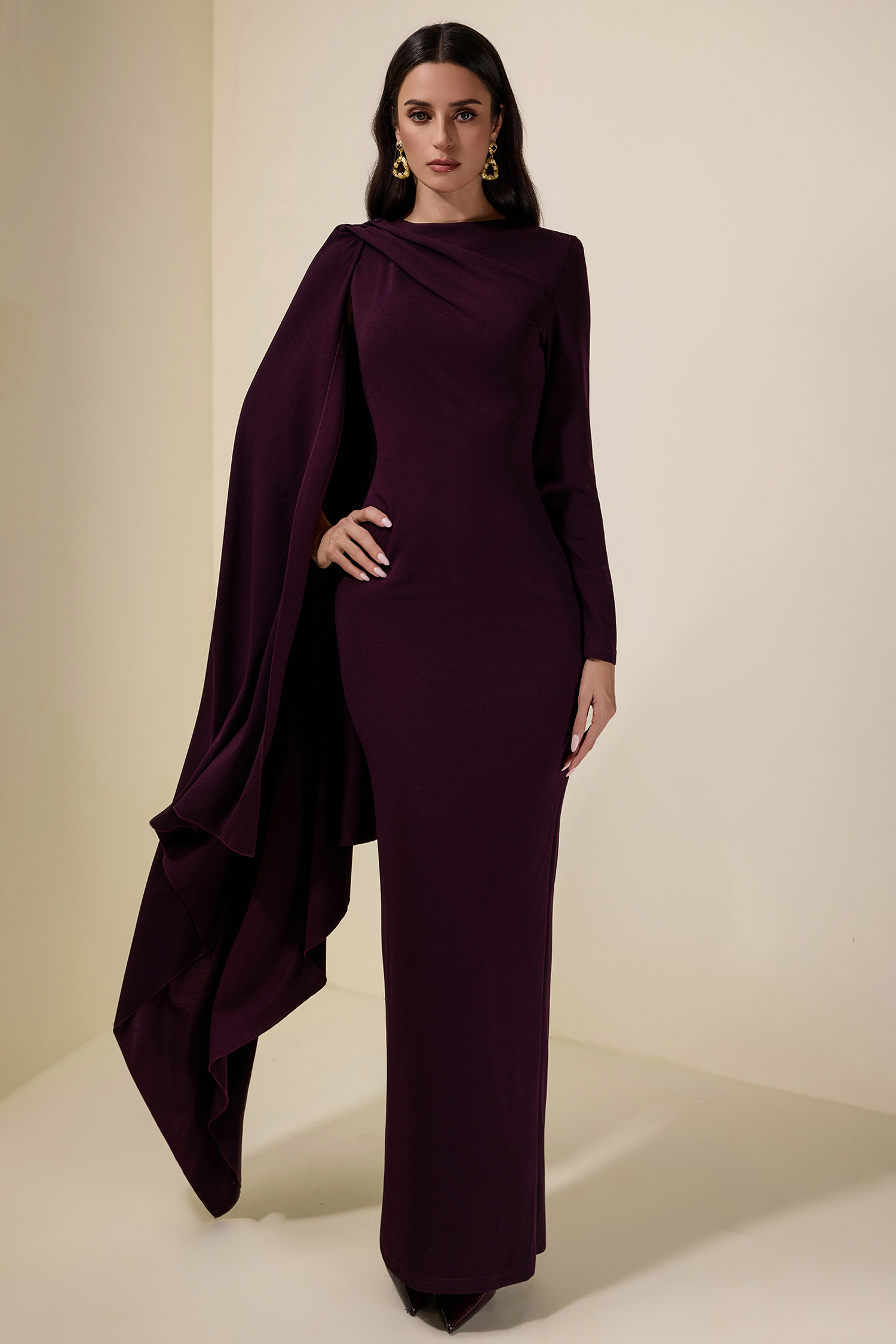 Solid One Sleeve Cape Maxi Dress