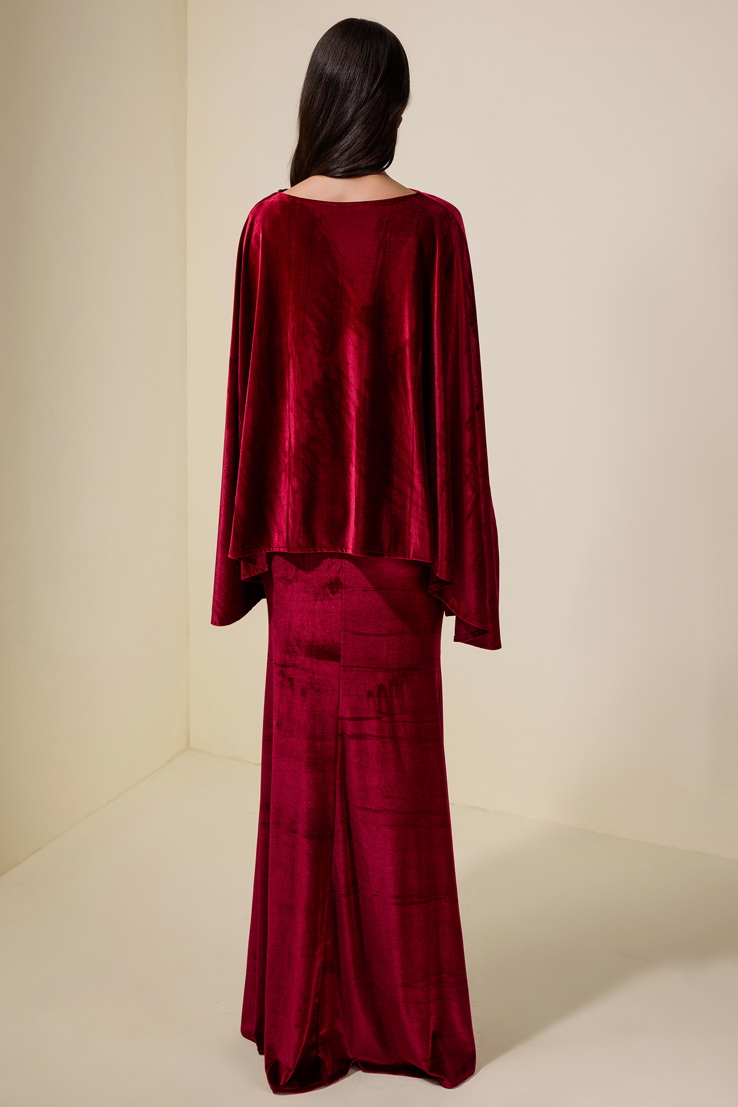 Velvet Cape Sleeve Top & High Waist Maxi Skirt Set