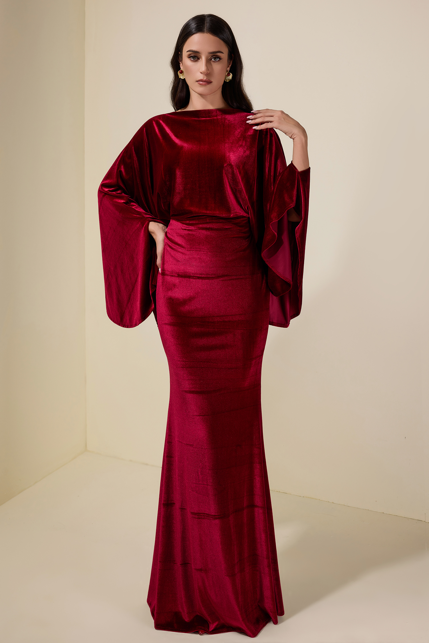 Velvet Cape Sleeve Top & High Waist Maxi Skirt Set