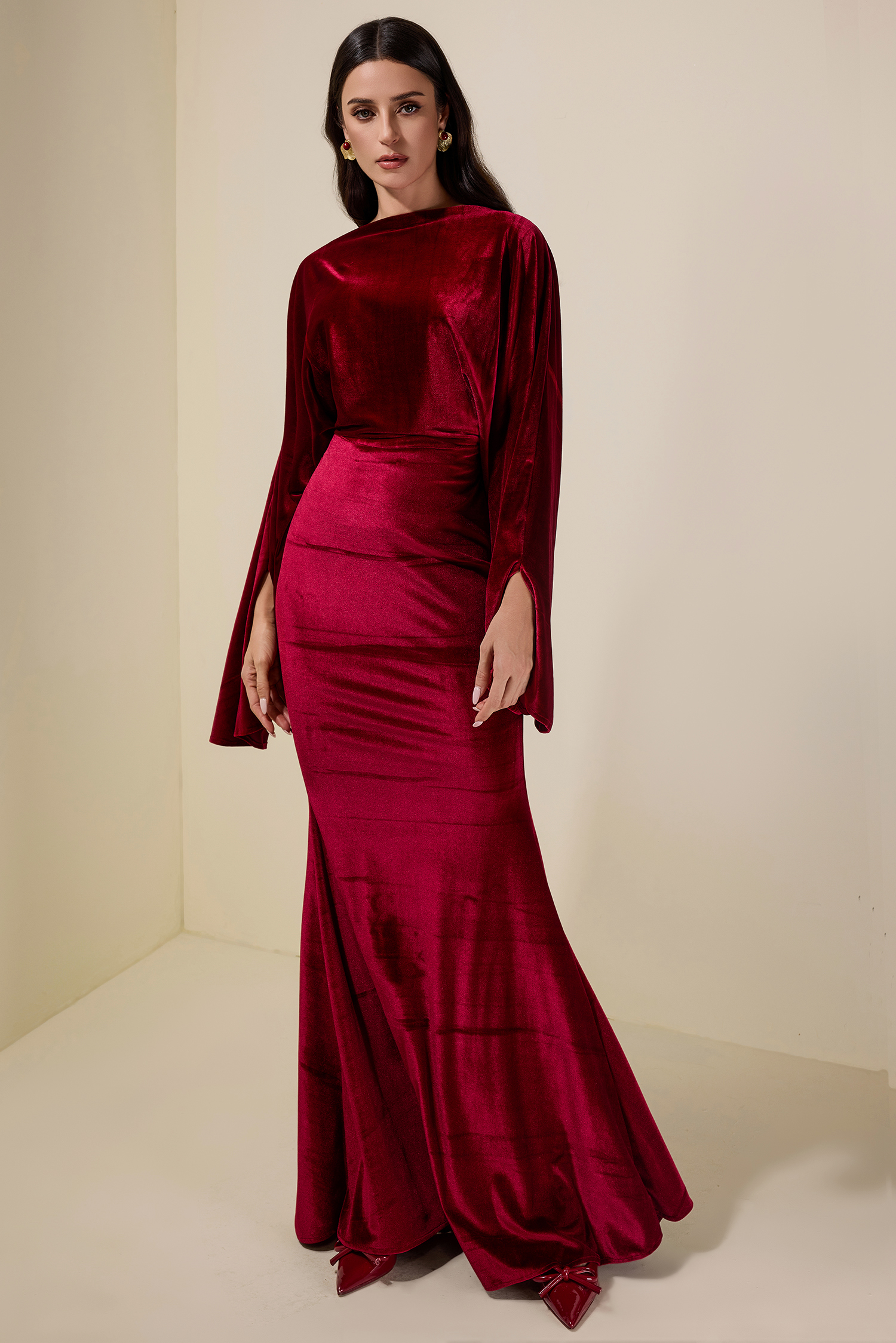 Velvet Cape Sleeve Top & High Waist Maxi Skirt Set