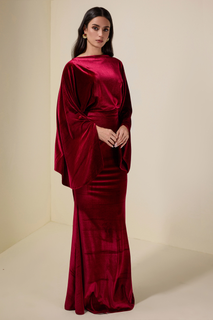 Velvet Cape Sleeve Top & High Waist Maxi Skirt Set