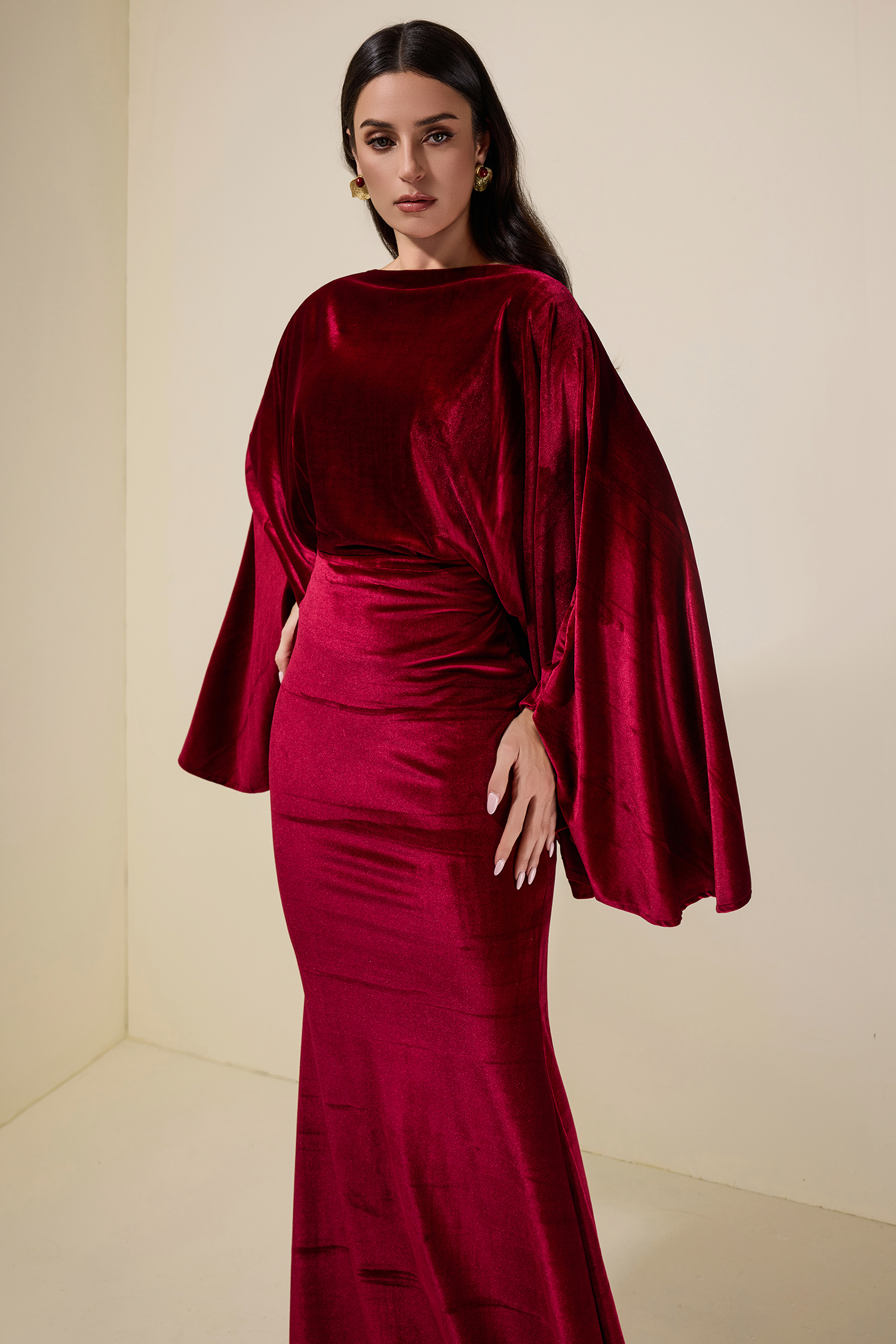 Velvet Cape Sleeve Top & High Waist Maxi Skirt Set