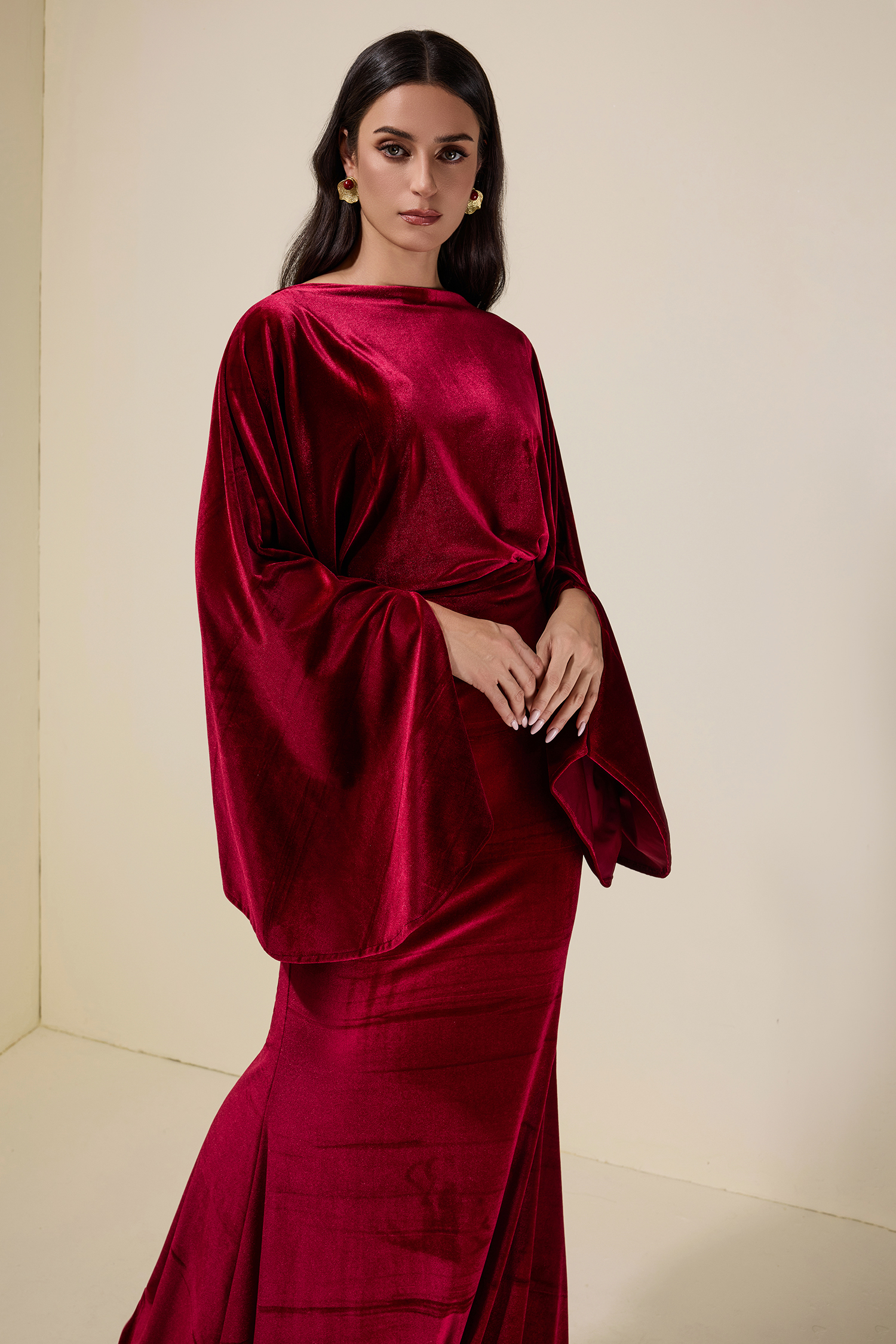 Velvet Cape Sleeve Top & High Waist Maxi Skirt Set