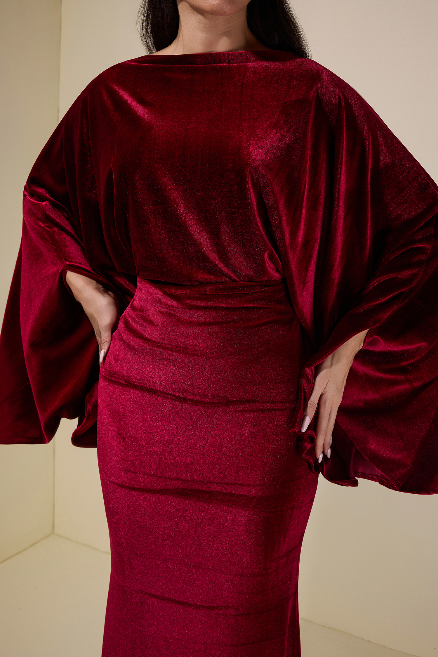 Velvet Cape Sleeve Top & High Waist Maxi Skirt Set