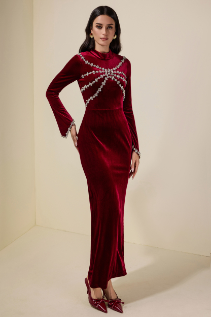 Velvet Rhinestone Long Sleeve Maxi Dress