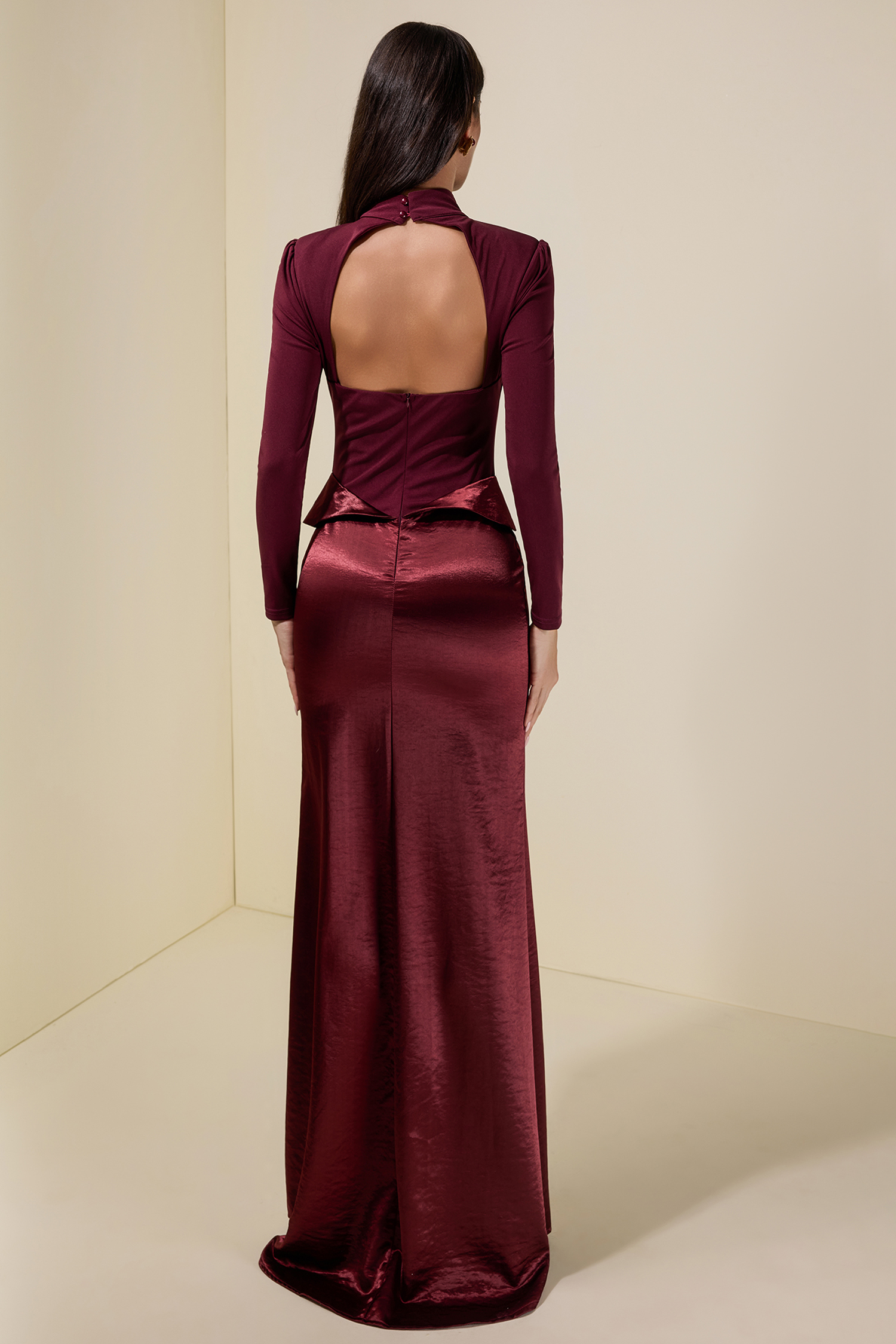 Jersey Splicing Satin Long Sleeve Maxi Dress