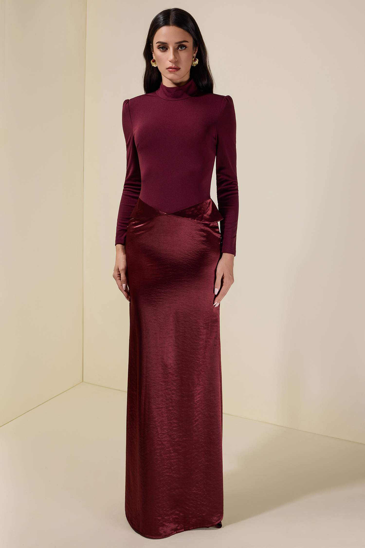 Jersey Splicing Satin Long Sleeve Maxi Dress