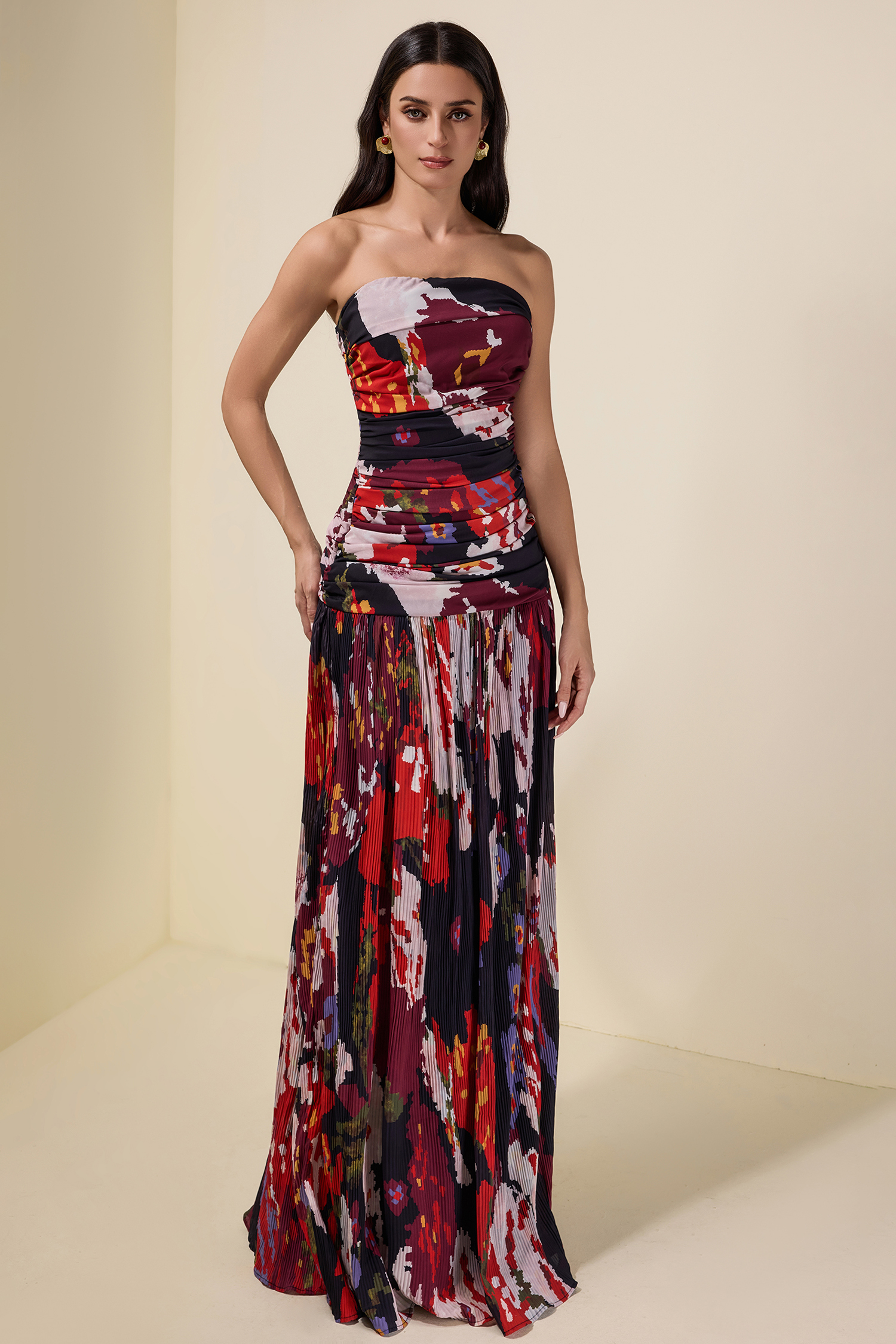 Pleated Off-Shoulder Floral Midi Dress