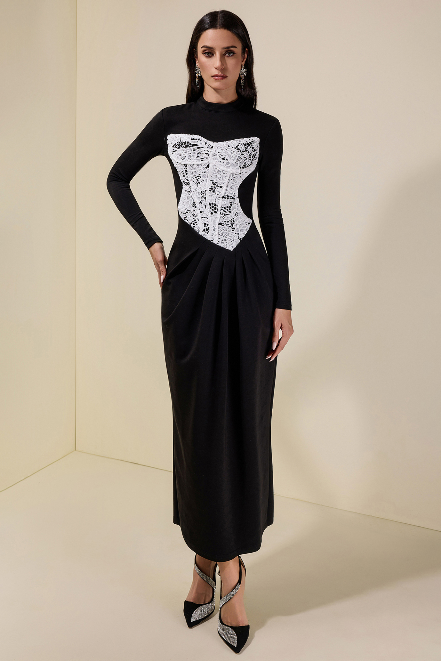 Lace Splicing Long Sleeve Maxi Dress