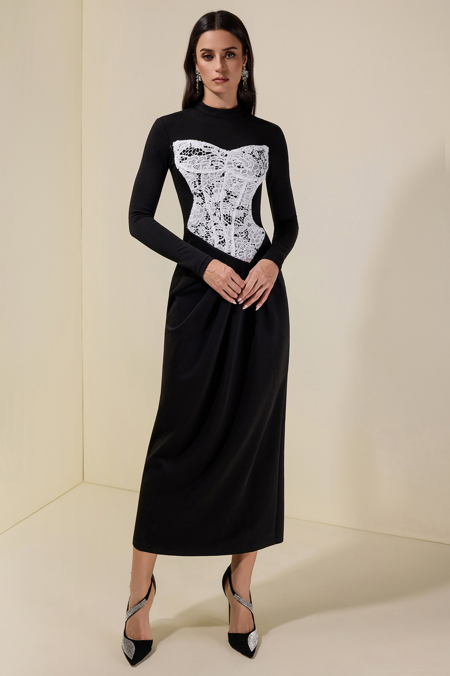 Lace Splicing Long Sleeve Maxi Dress